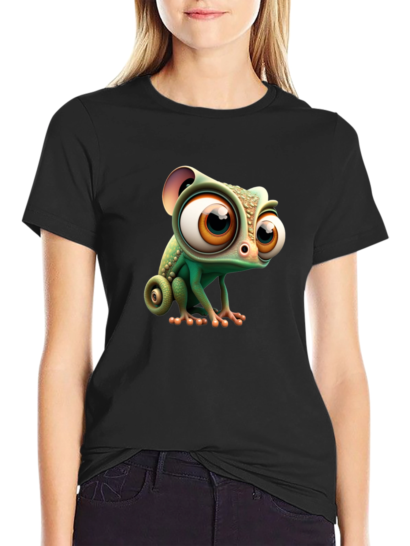 Black Cute Cartoon Chameleon Graphic Tee - Black view 2