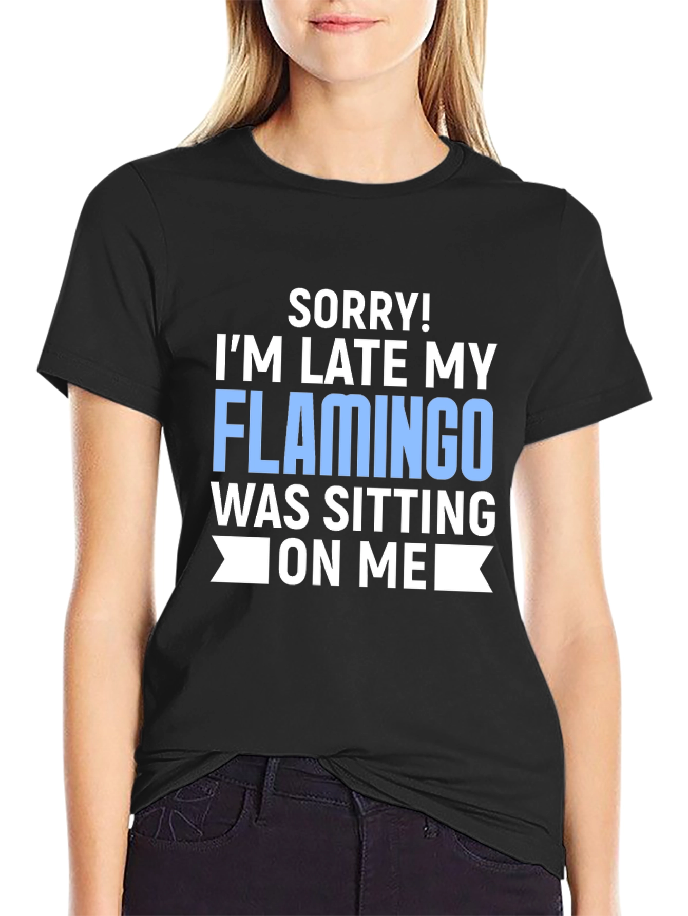 Black Funny Flamingo T-Shirt - 'Sorry I'm Late' Novelty Tee view 2