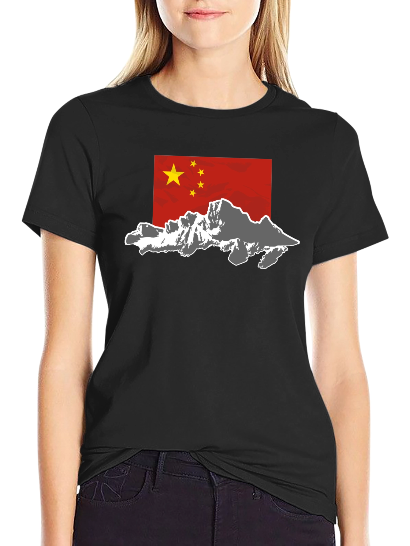 China Flag Mountain Graphic Tee - Black Cotton Casual T-Shirt - 2