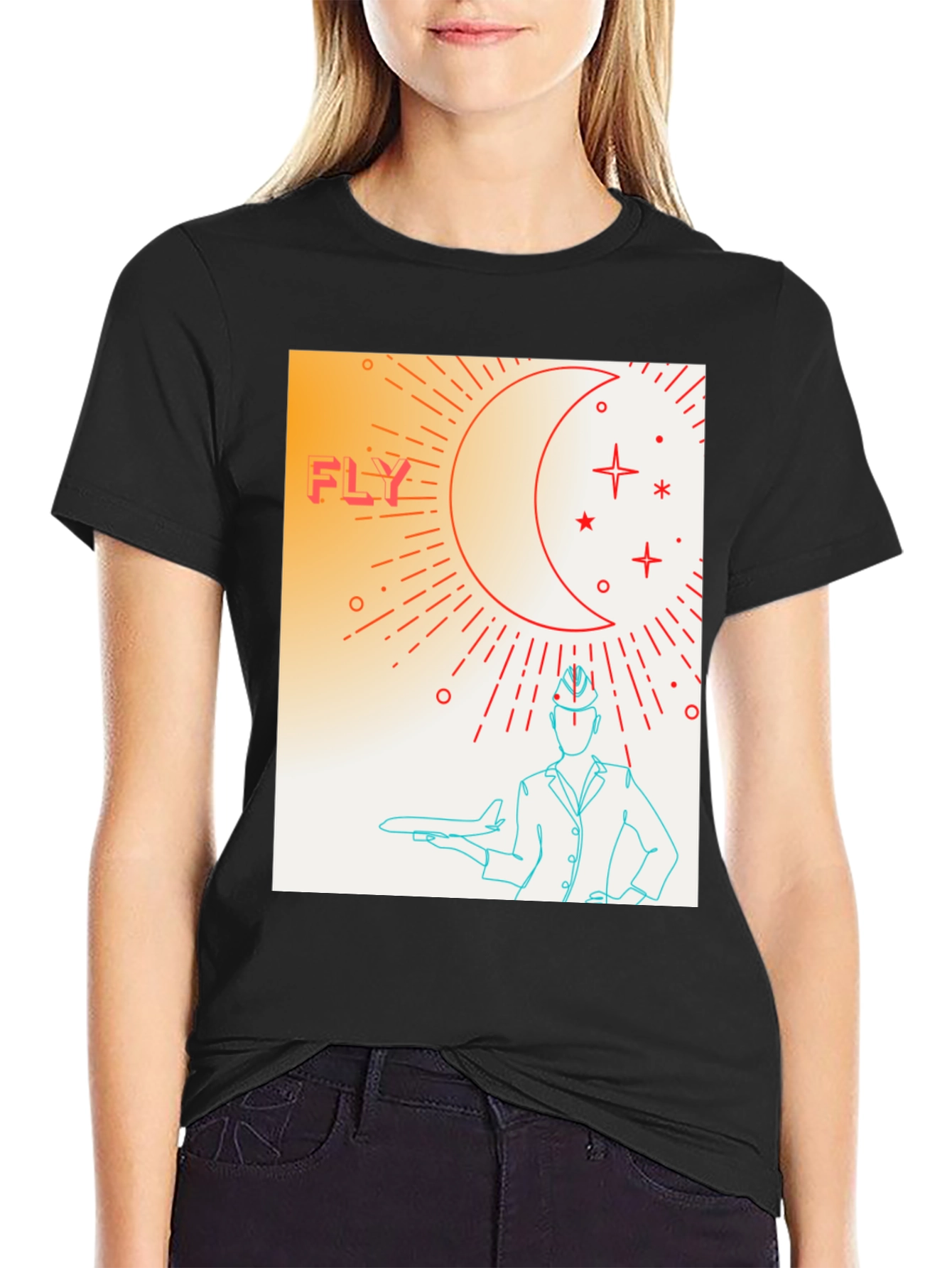Black Fly High Graphic Tee - Airplane & Stars Design view 2