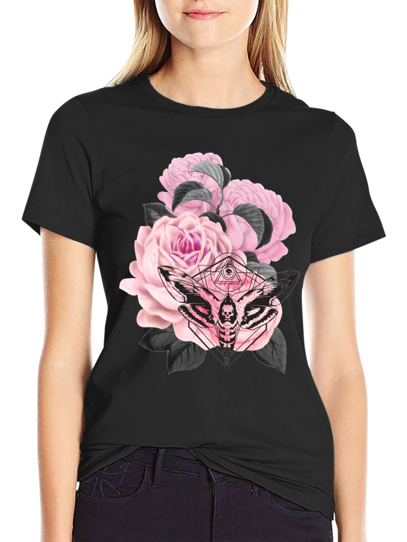 Black Gothic Floral Moth Black T-Shirt view 2