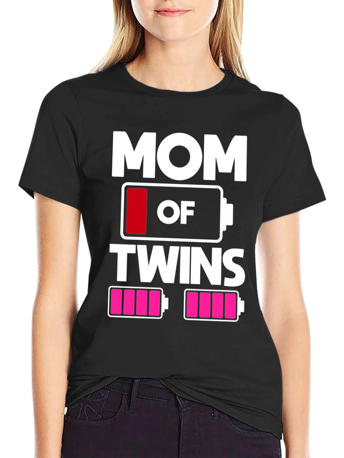 Black Mom of Twins T-Shirt - Low Battery Design view 2