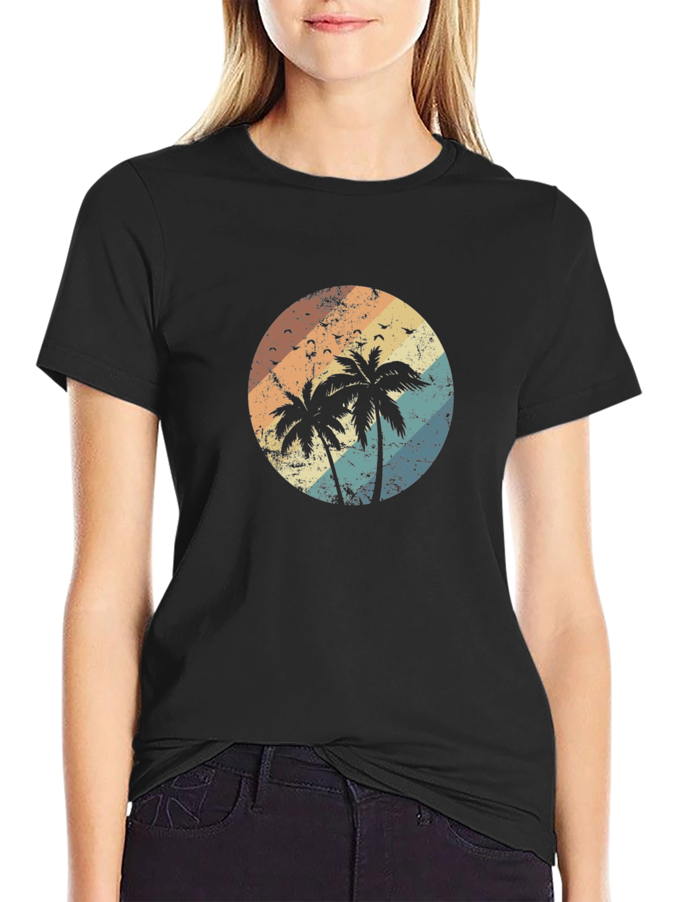 Black Retro Palm Tree Sunset Graphic T-Shirt view 2