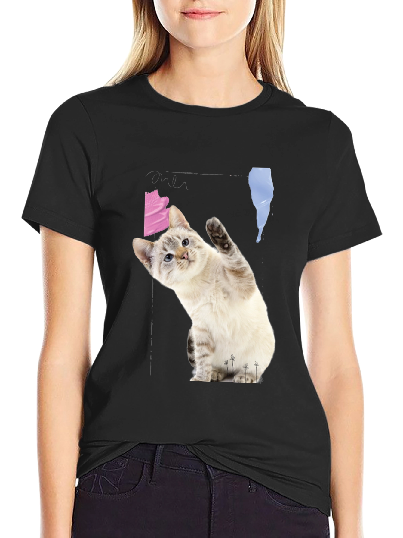 Black Cute Cat Waving Black T-Shirt view 2