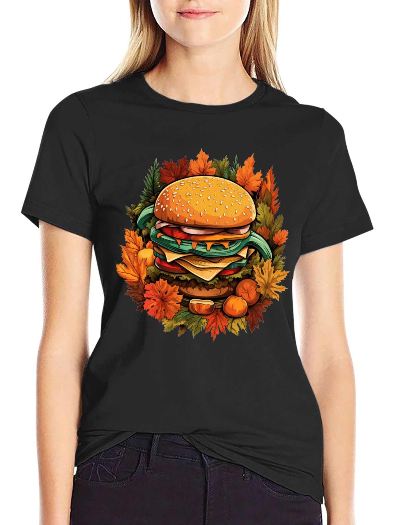 Black Burger Fall Graphic Tee - Black Cotton Casual Wear view 2
