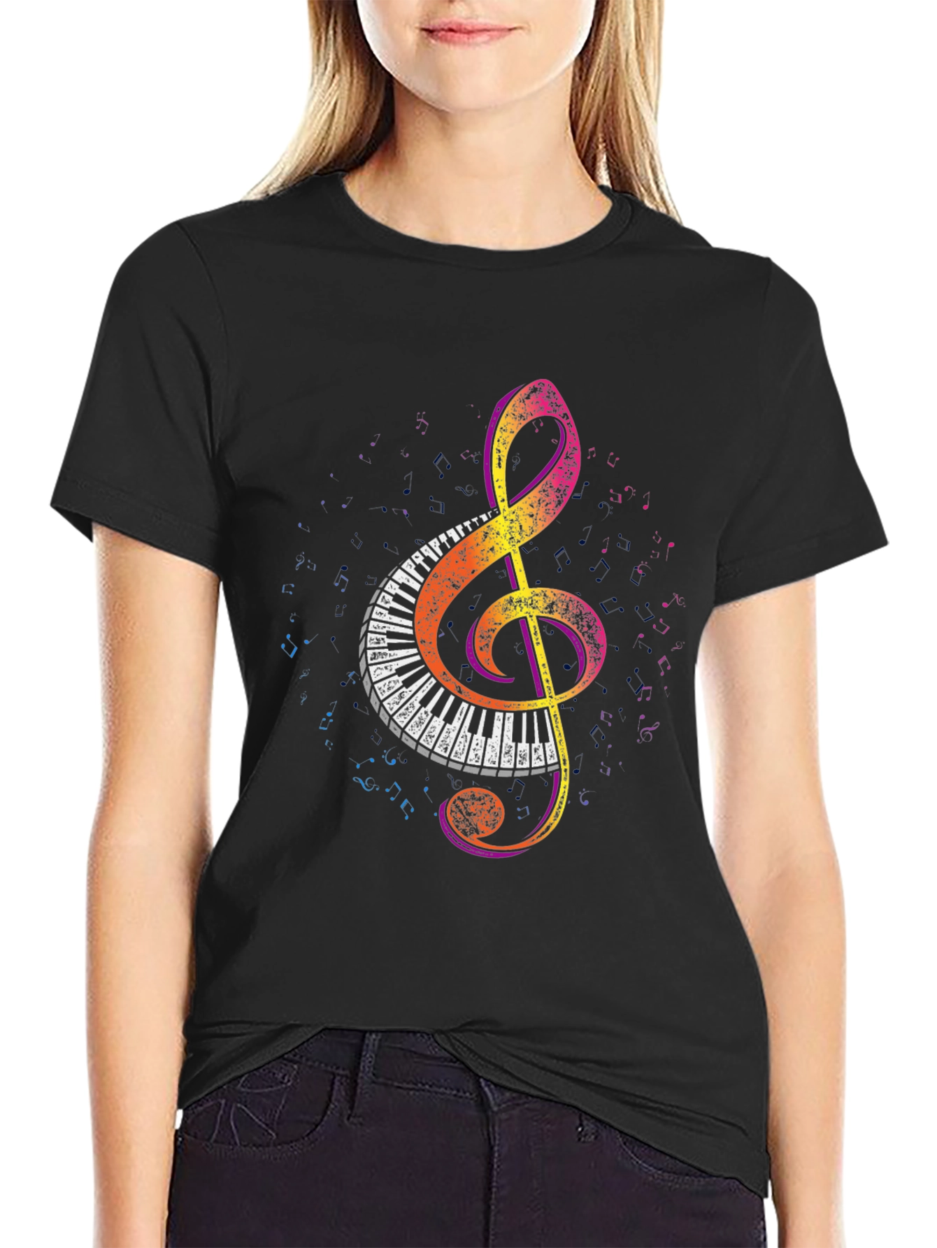 Black Musical Treble Clef Piano Keys Graphic Tee view 2