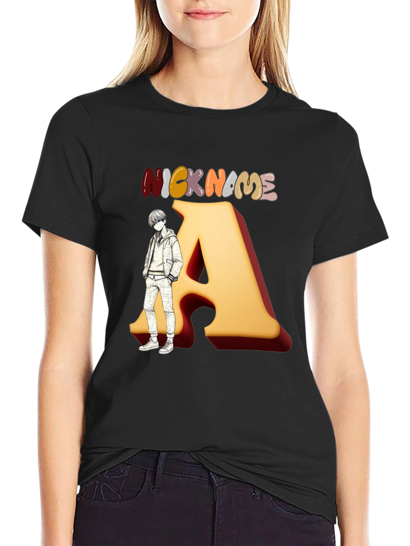 Black Nickname "A" Graphic Black T-Shirt view 2