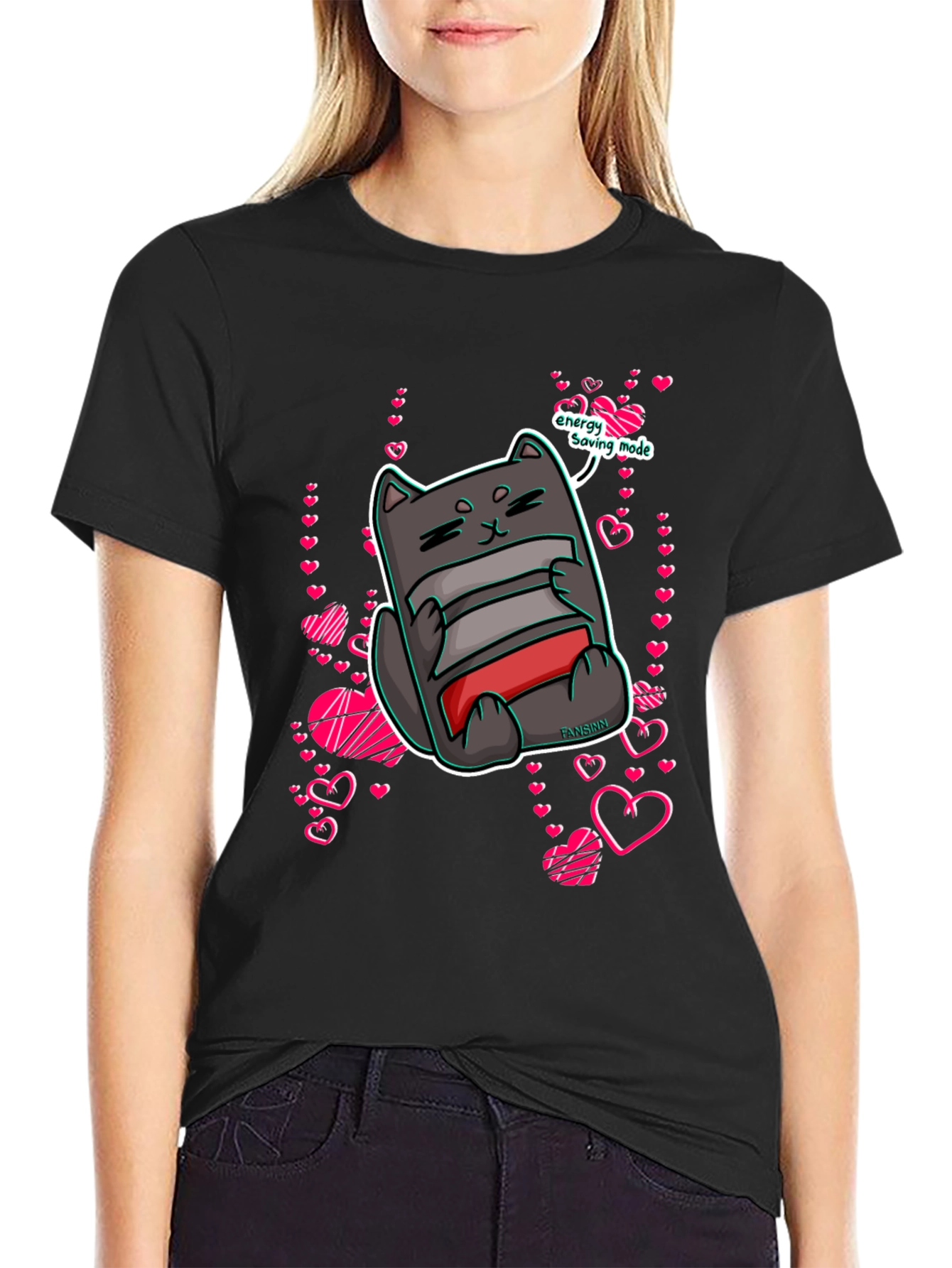 Black Energy Saving Mode Cat T-Shirt view 2