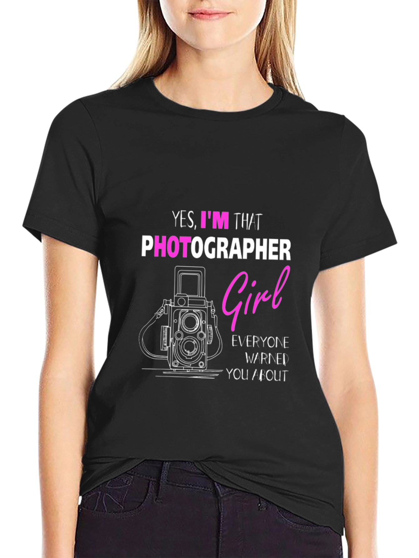 Black Photographer Girl T-Shirt - Funny Camera Tee view 2