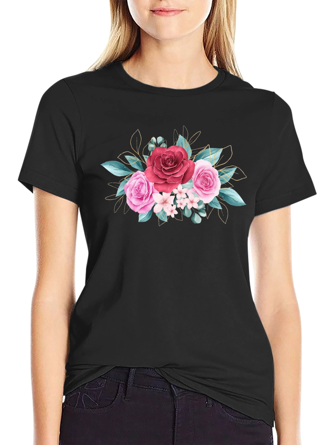 Black Floral Rose Graphic Tee - Stylish Black T-Shirt view 2