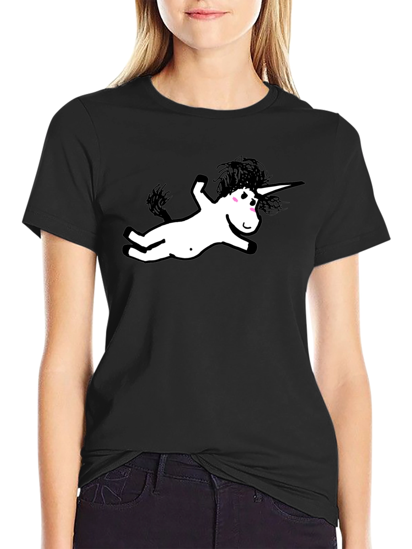 Black Black T-Shirt with Whimsical Unicorn Graphic view 2