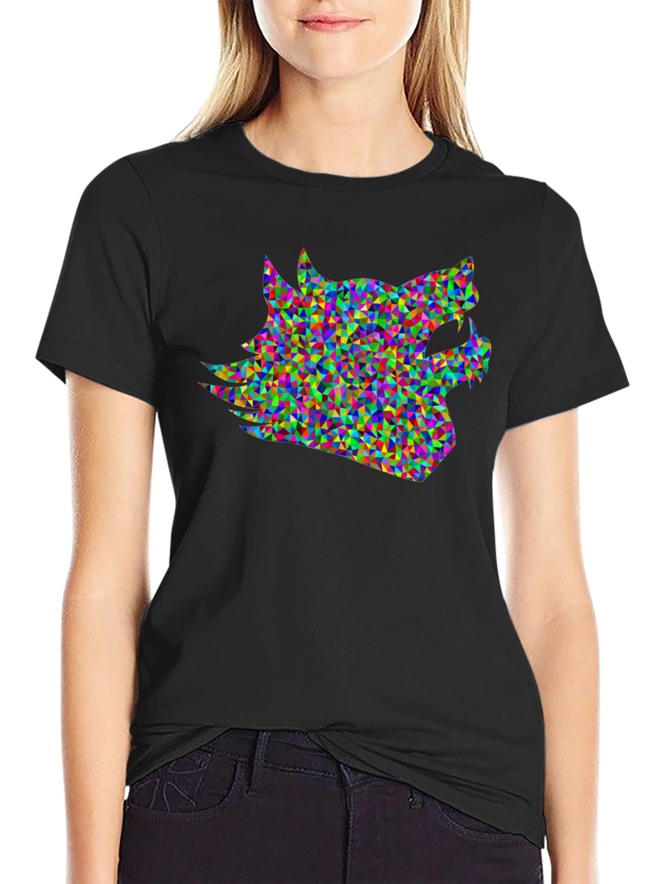 Black Geometric Wolf Head T-Shirt - Modern Abstract Design view 2