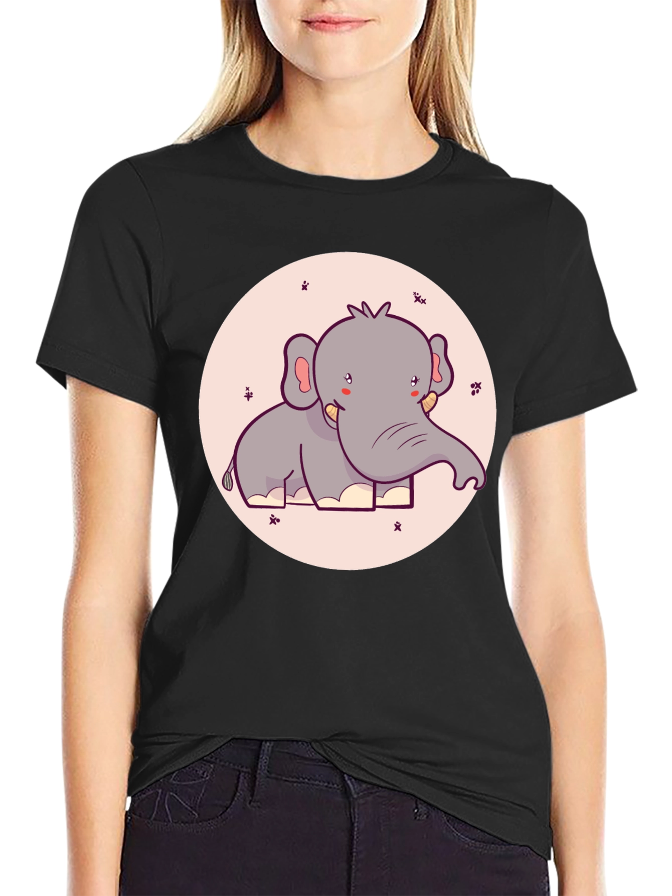 Black Cute Elephant Graphic Tee - Black Cotton T-Shirt view 2