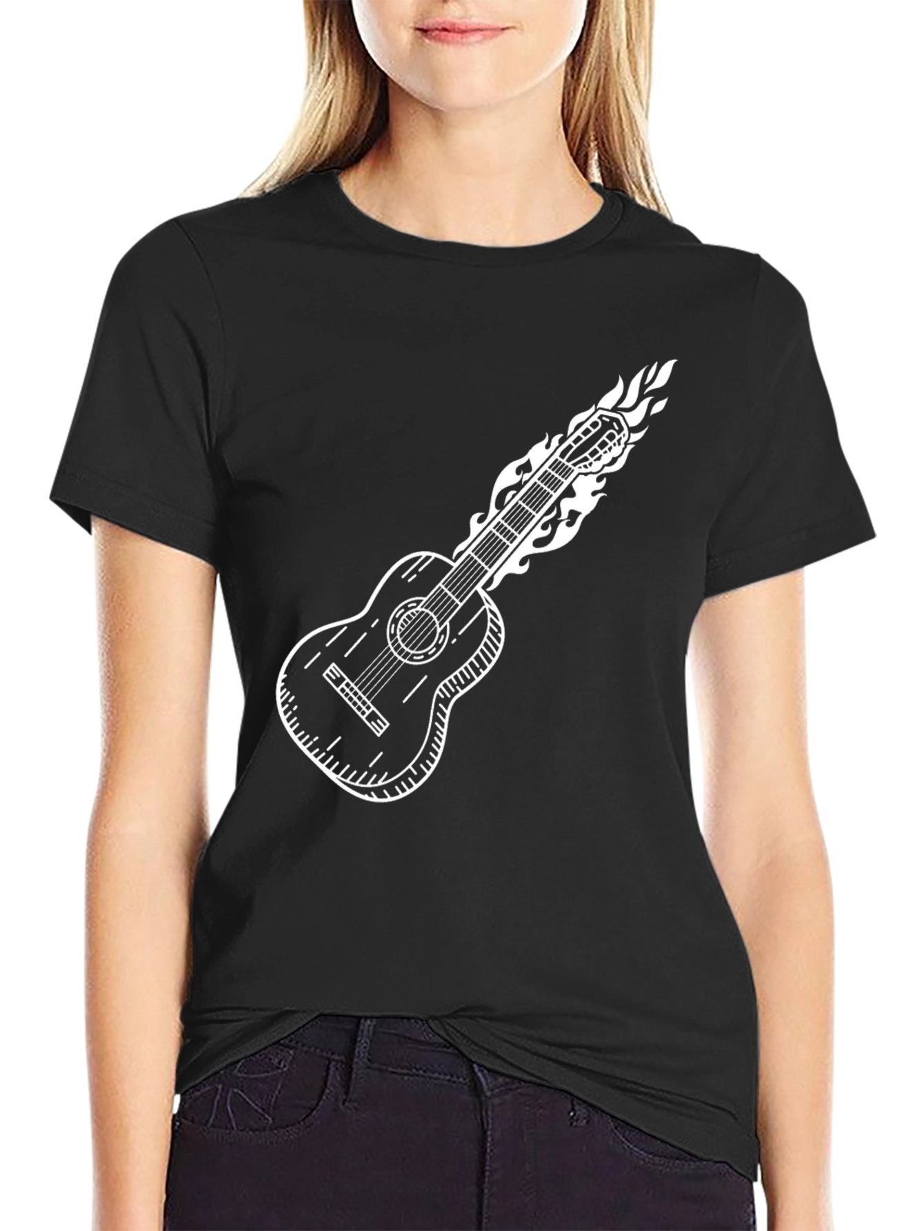 Black Flaming Guitar T-Shirt - Classic Black Cotton Tee view 2