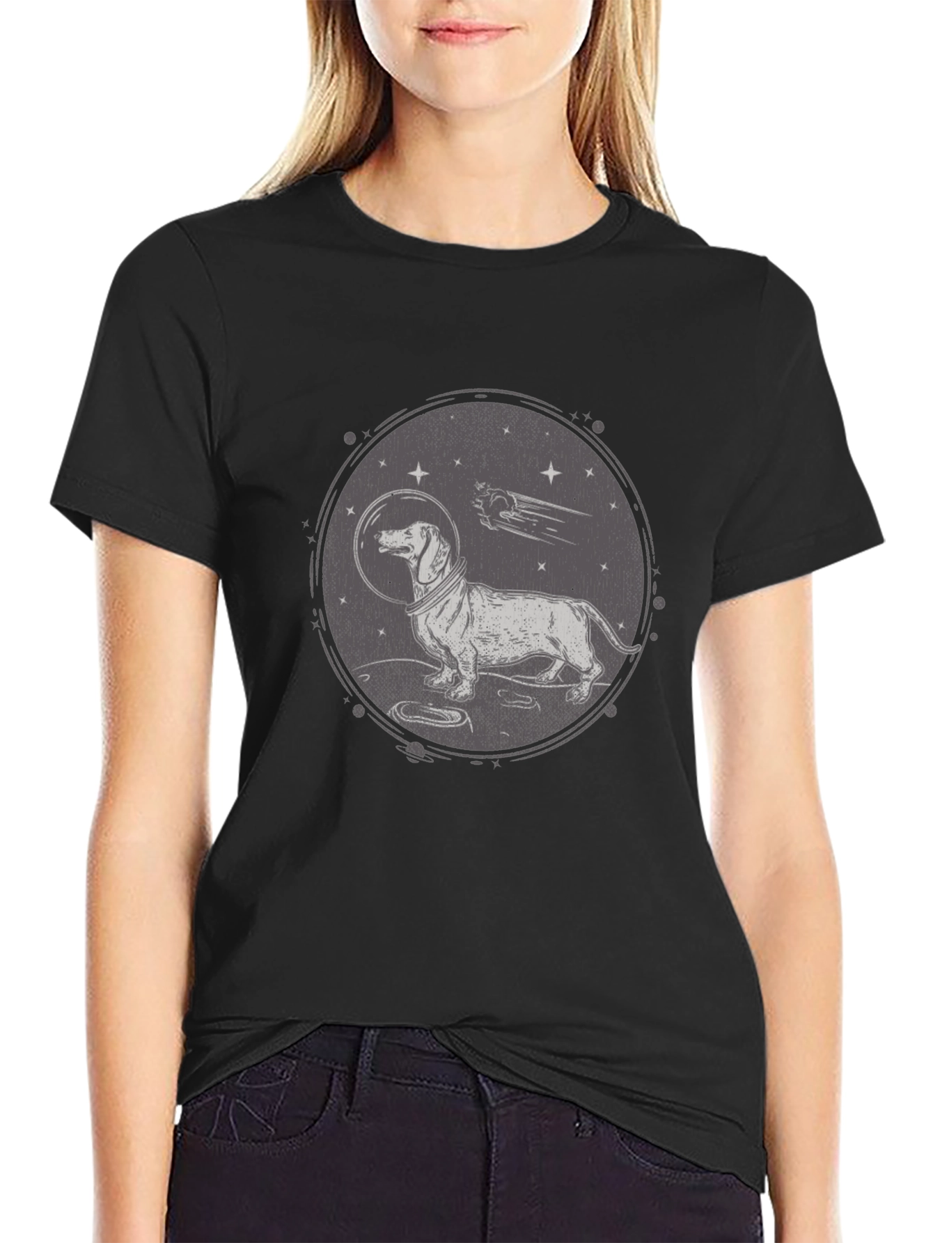 Black Dachshund Astronaut Graphic T-Shirt - Black Crew Neck view 2