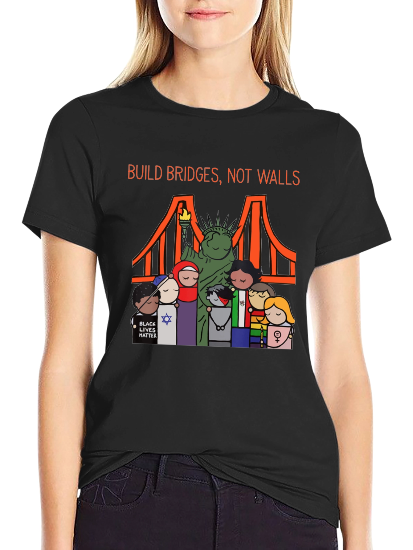 Black Build Bridges Not Walls Diversity Graphic Tee view 2