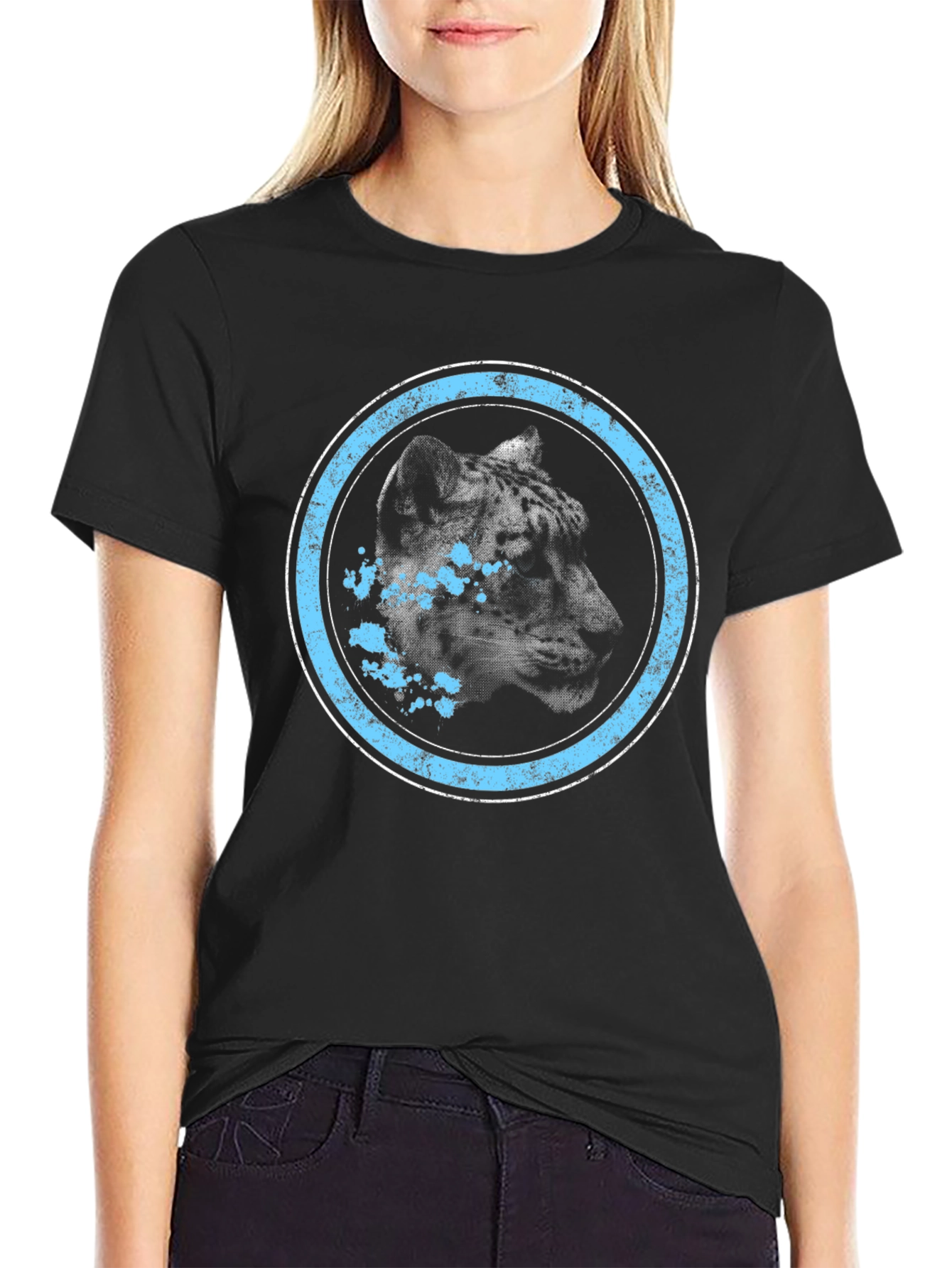 Black Leopard Graphic Tee - Distressed Blue Circle Design view 2