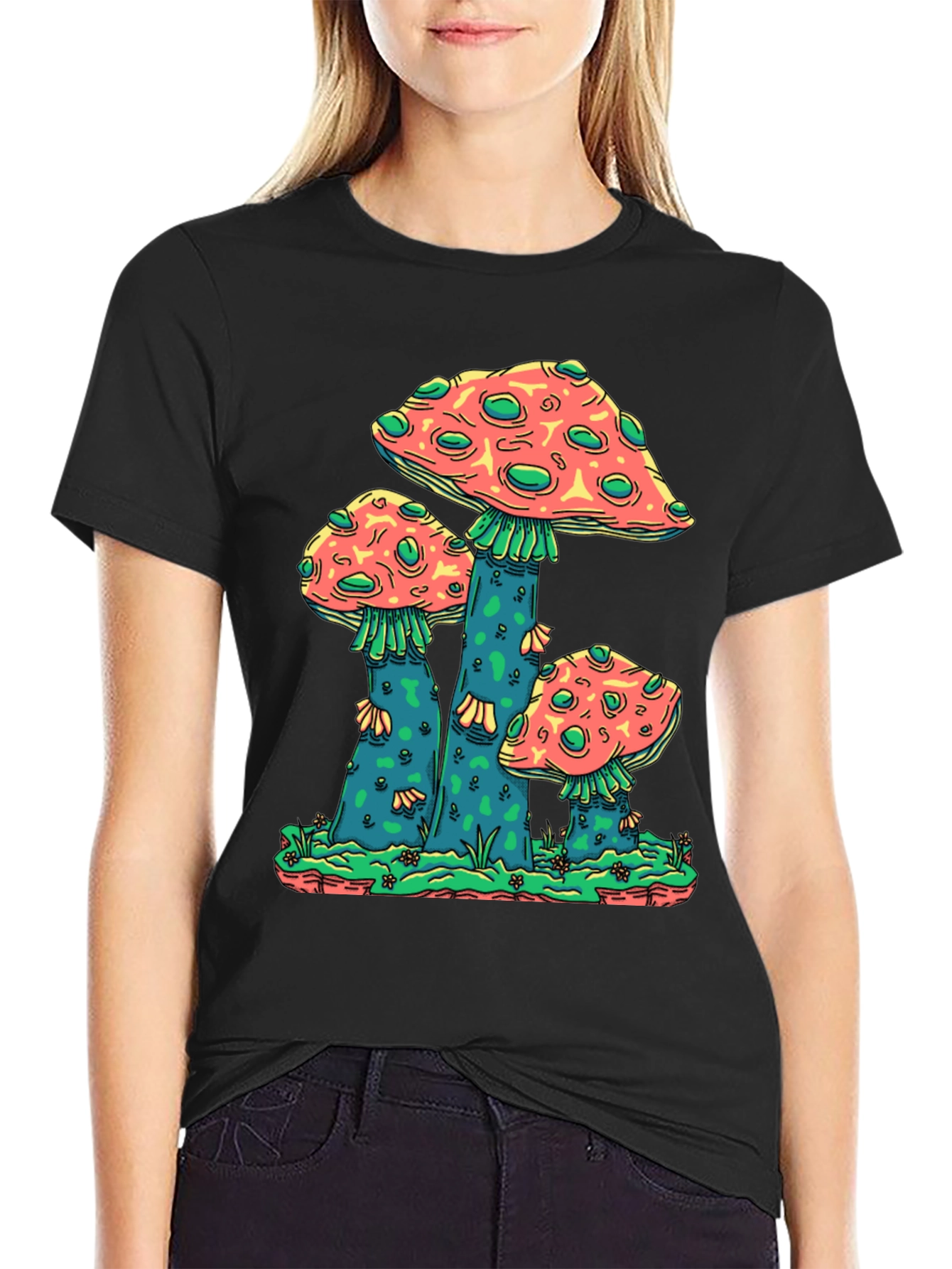Black Mushroom Graphic Print Crew Neck T-Shirt view 2