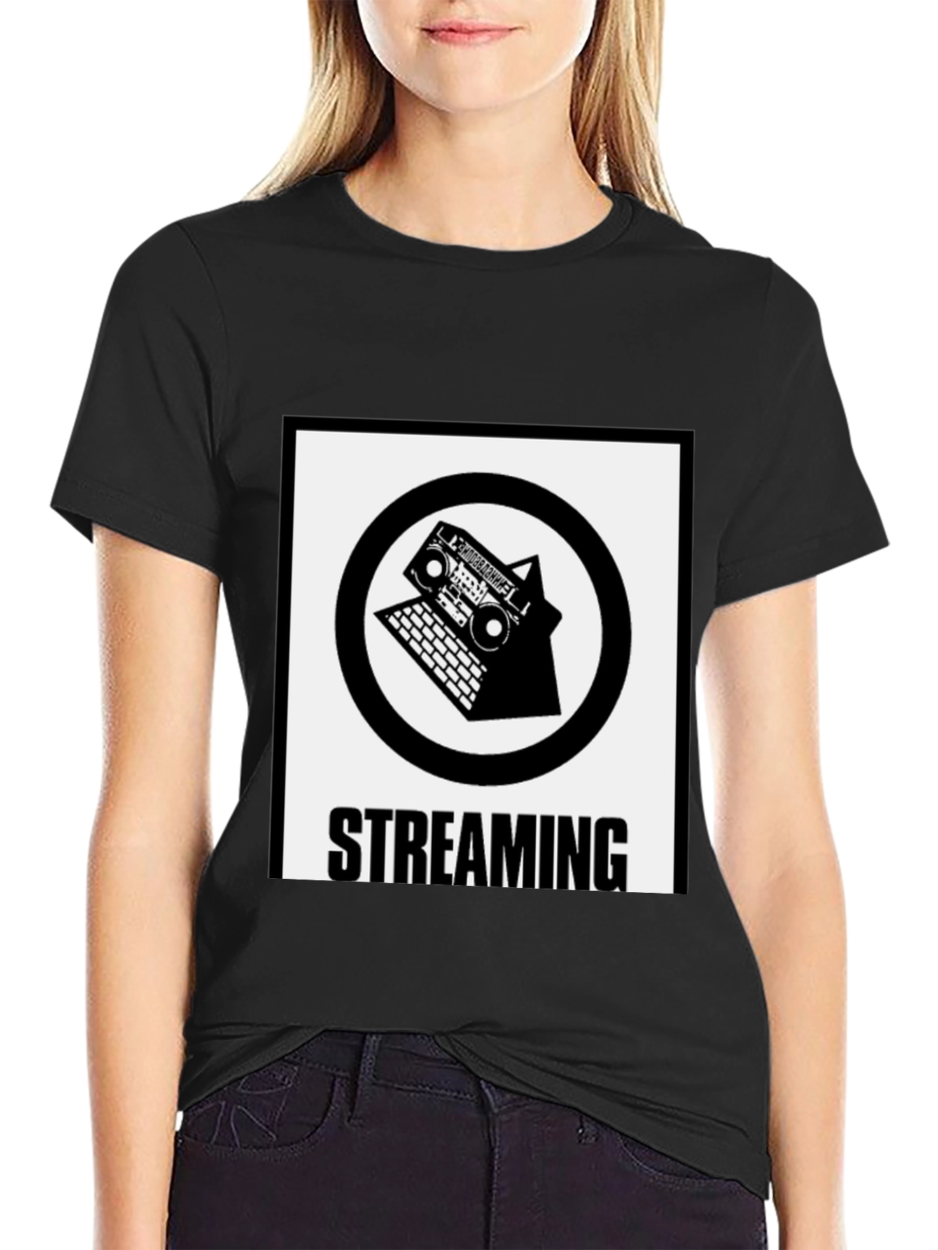 Black Streaming T-Shirt: Boombox & Laptop Design view 2
