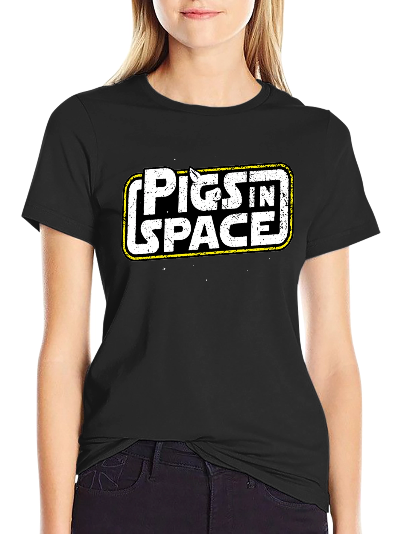 Black Pigs in Space Black Graphic Tee view 2