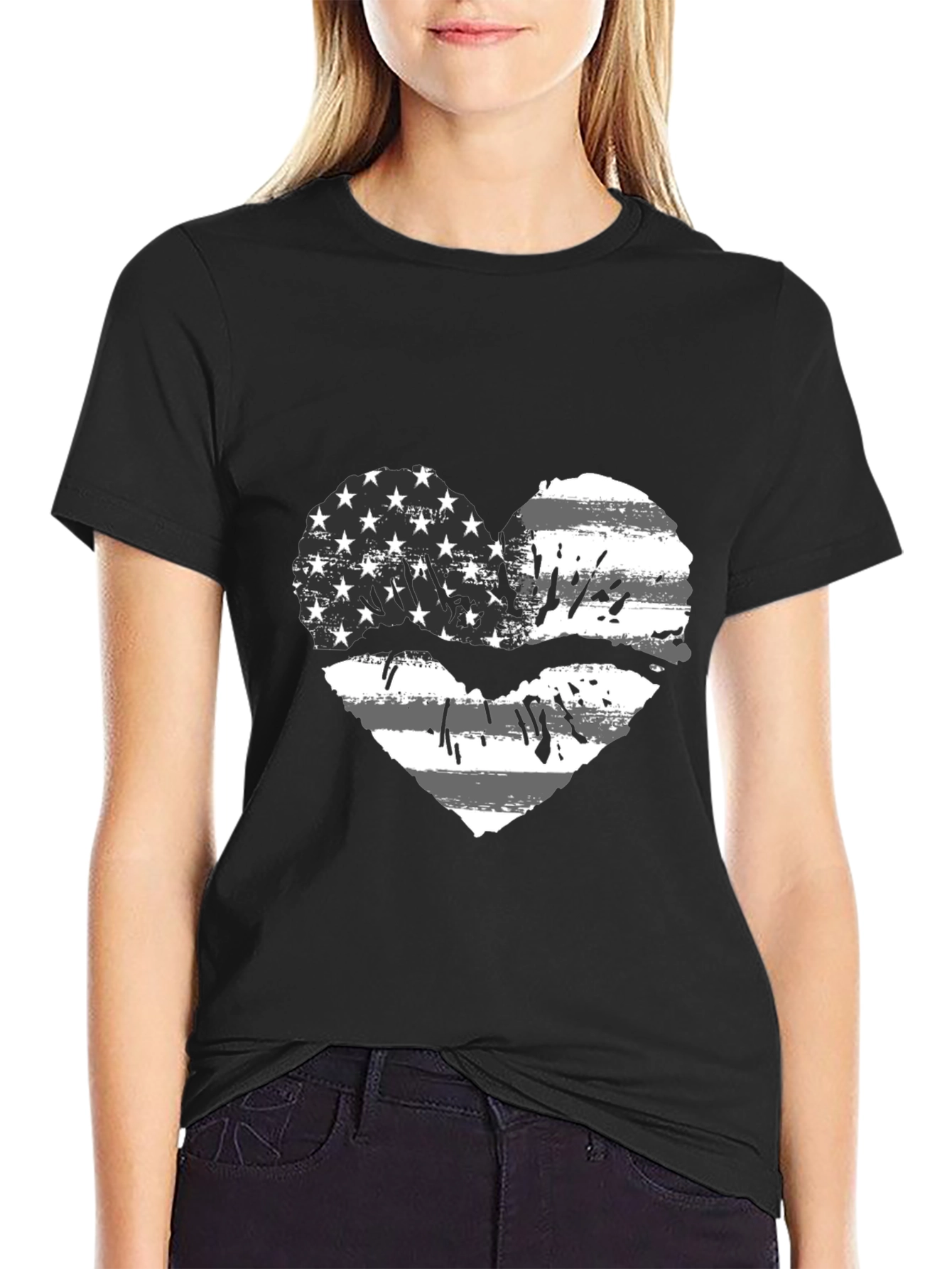 Black American Flag Heart Lips Black T-Shirt view 2