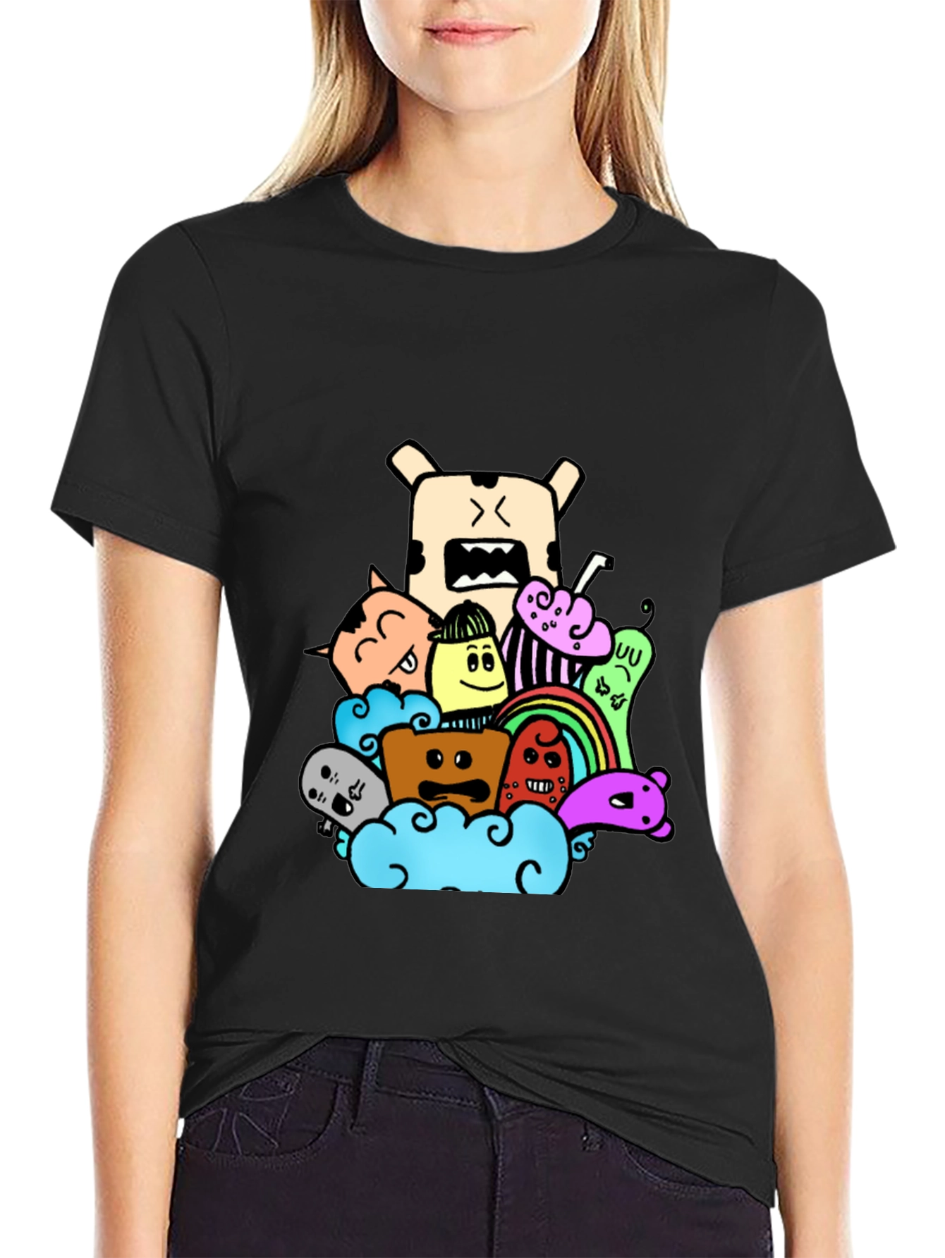 Black Doodle Cartoon Graphic Print Black T-Shirt view 2