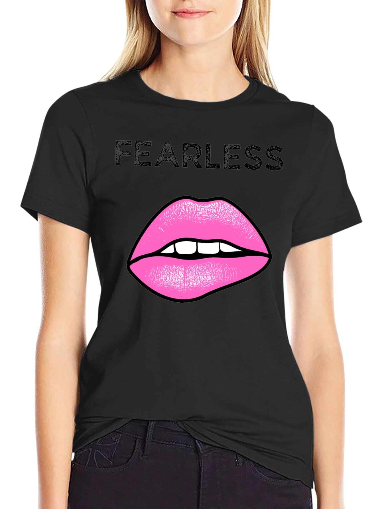 Black Fearless Lips Graphic Black T-Shirt view 2