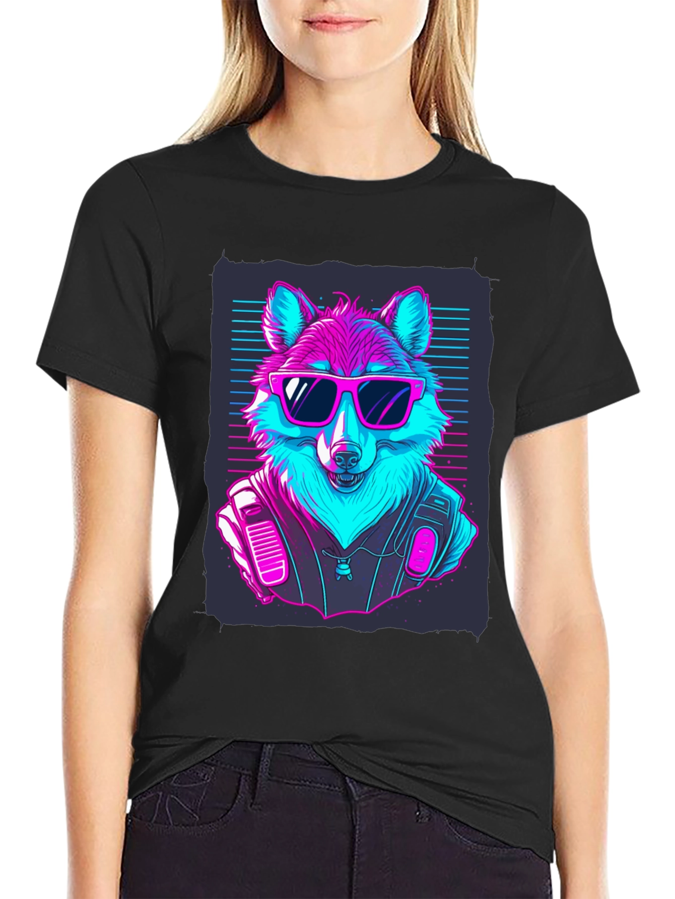 Black Retro Wolf T-Shirt: Cool Canine Vibes view 2