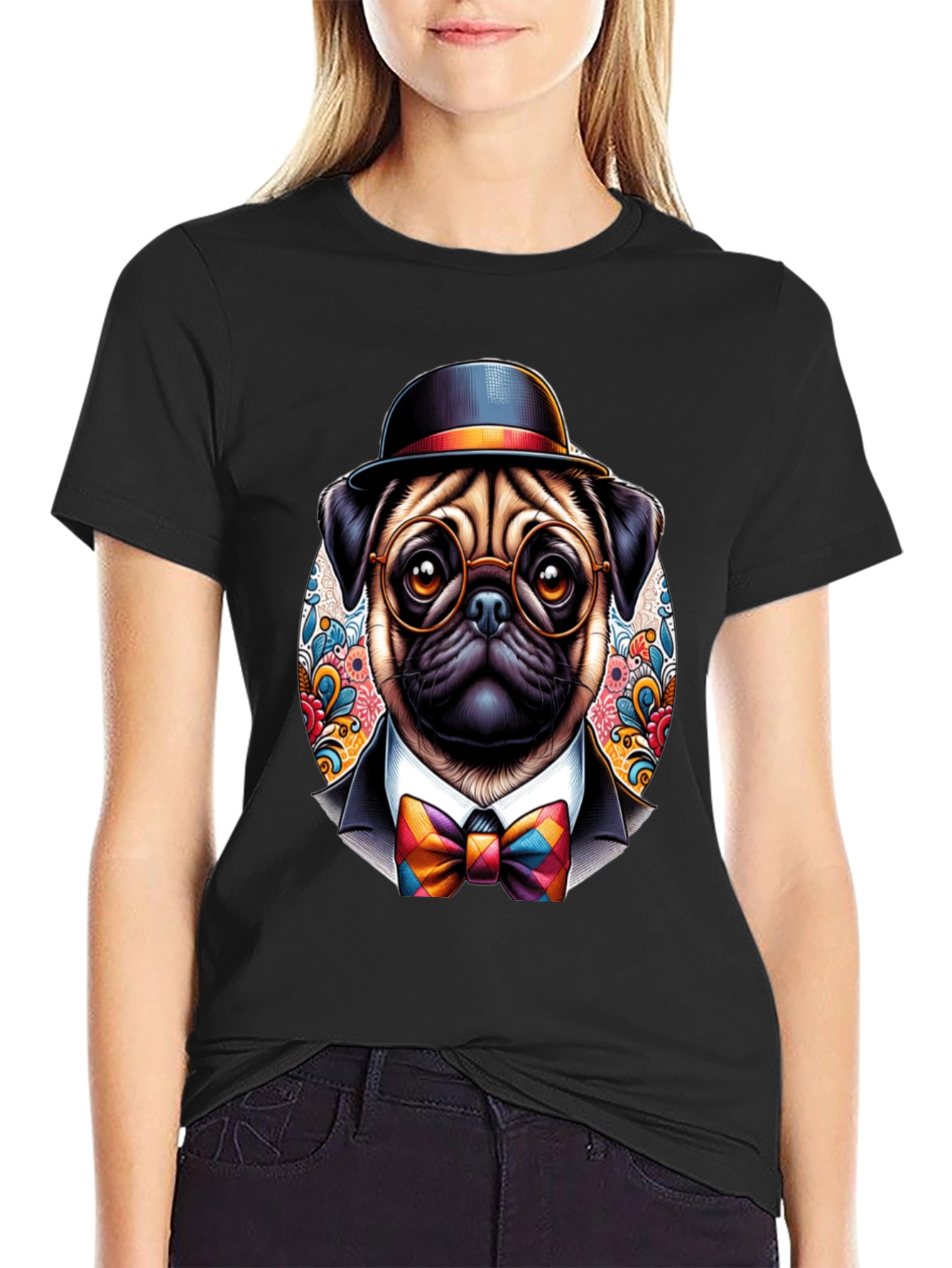 Black Dapper Pug T-Shirt - Stylish Dog Graphic Tee view 2