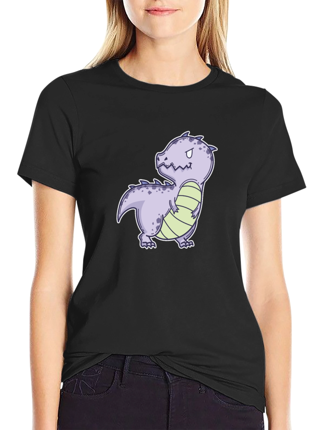 Black Cartoon Dinosaur Graphic Tee - Black Cotton Comfort view 2