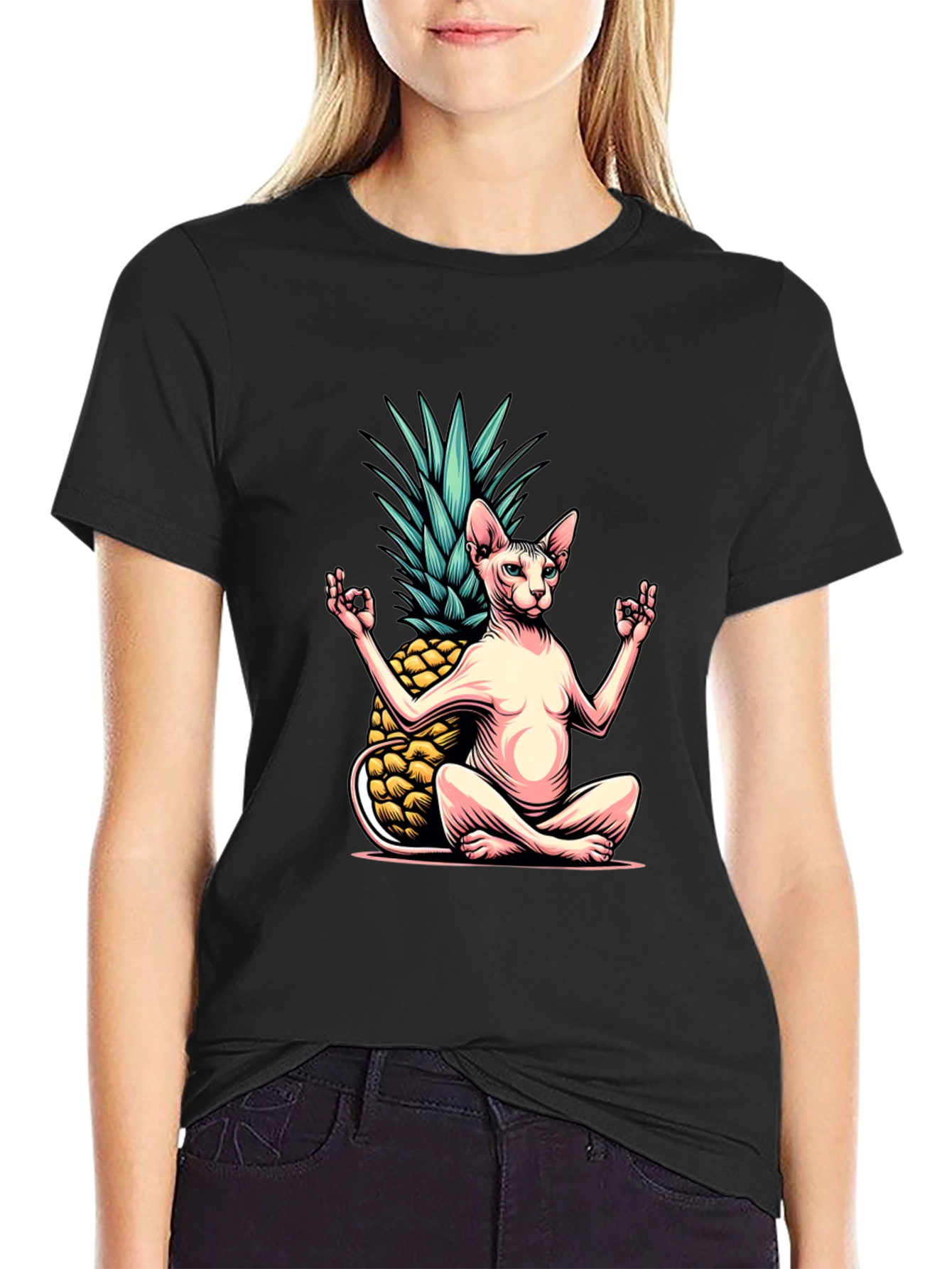 Black Zen Cat Pineapple T-Shirt - Meditating Sphynx Tee view 2