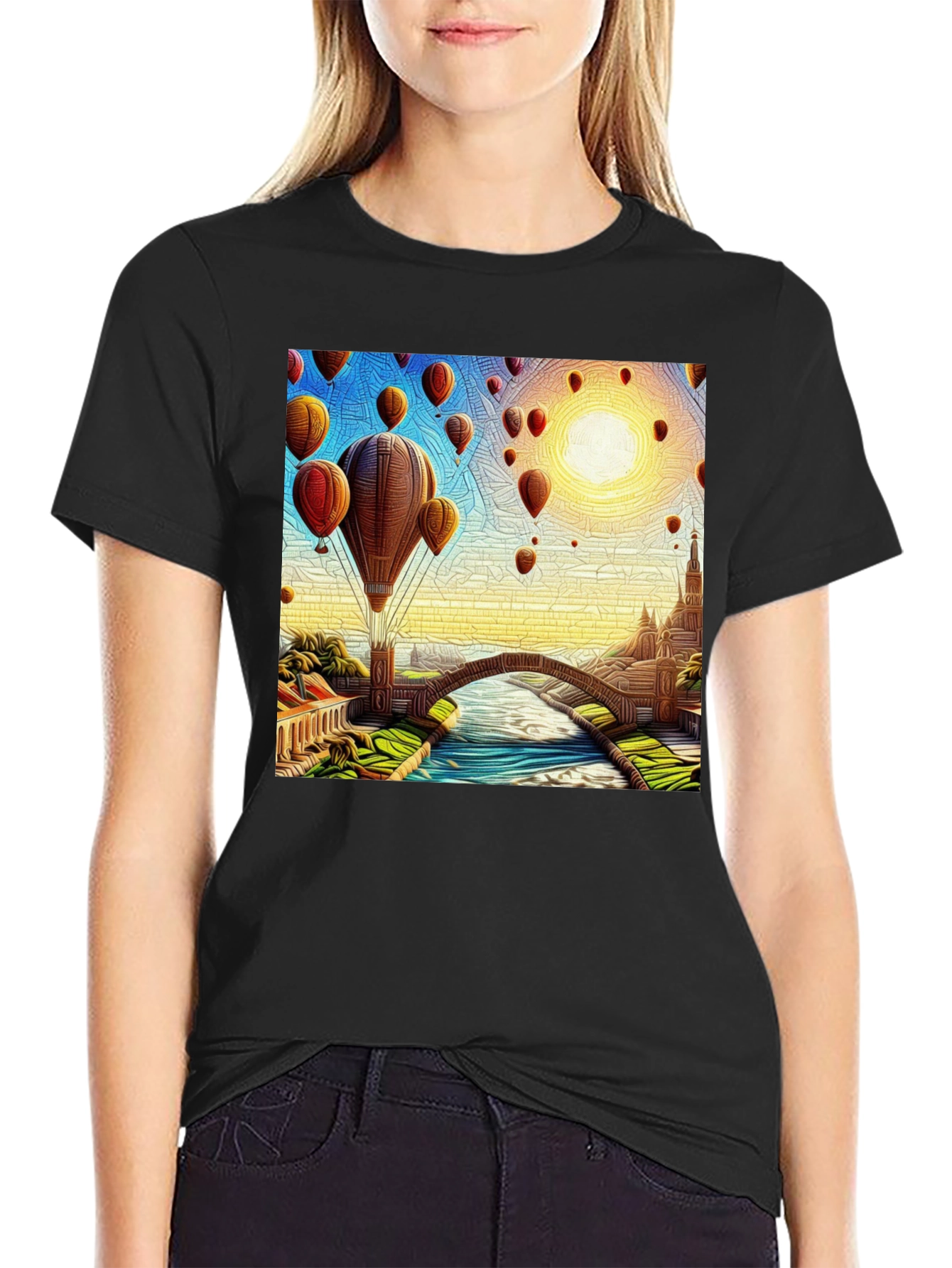 Black Hot Air Balloon Landscape Graphic Tee view 2