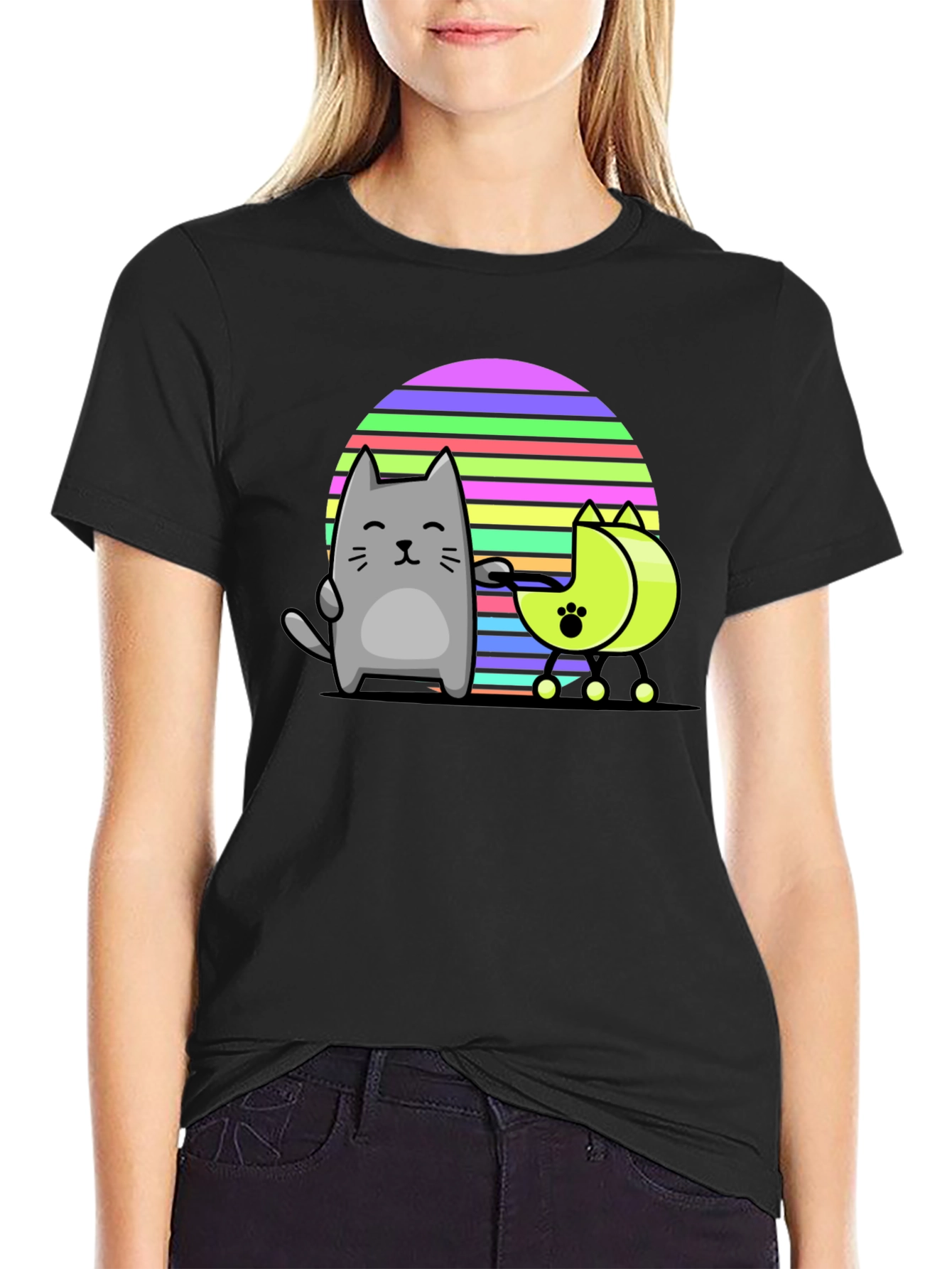 Black Cute Cat and Moon Walker T-Shirt view 2