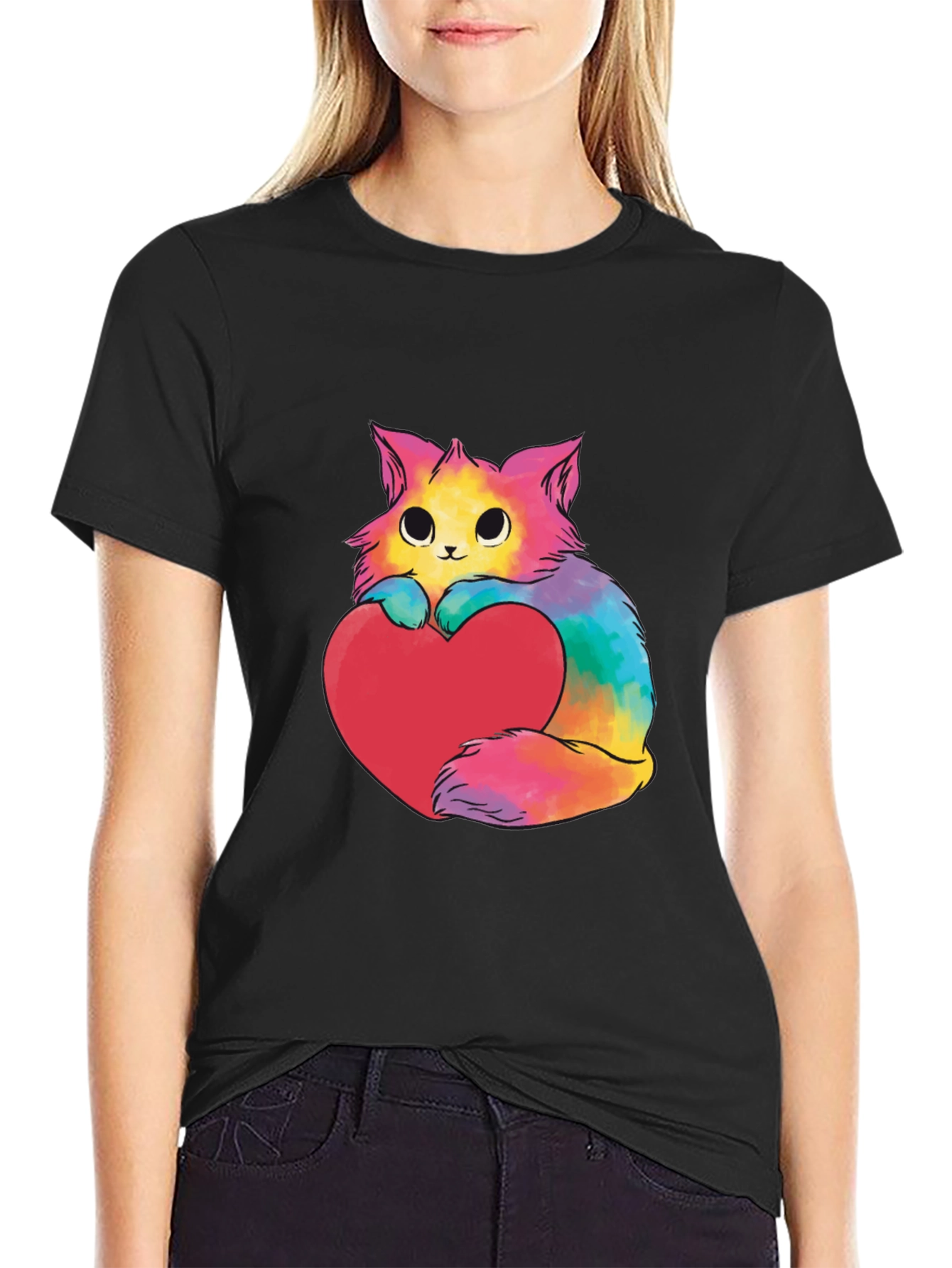 Black Rainbow Cat Heart Graphic Tee - Unisex view 2