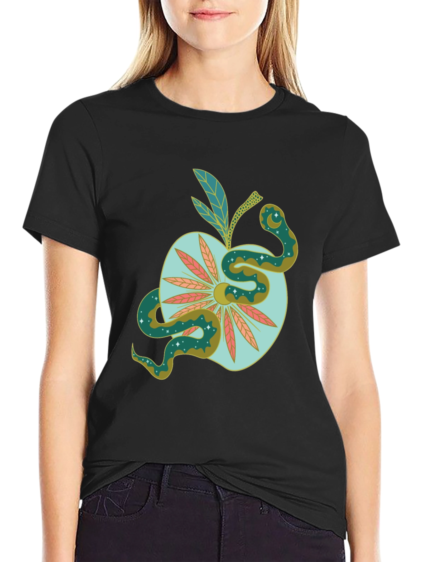 Black Serpent Apple Graphic Tee - Unique Design, Stylish Black T-Shirt view 2