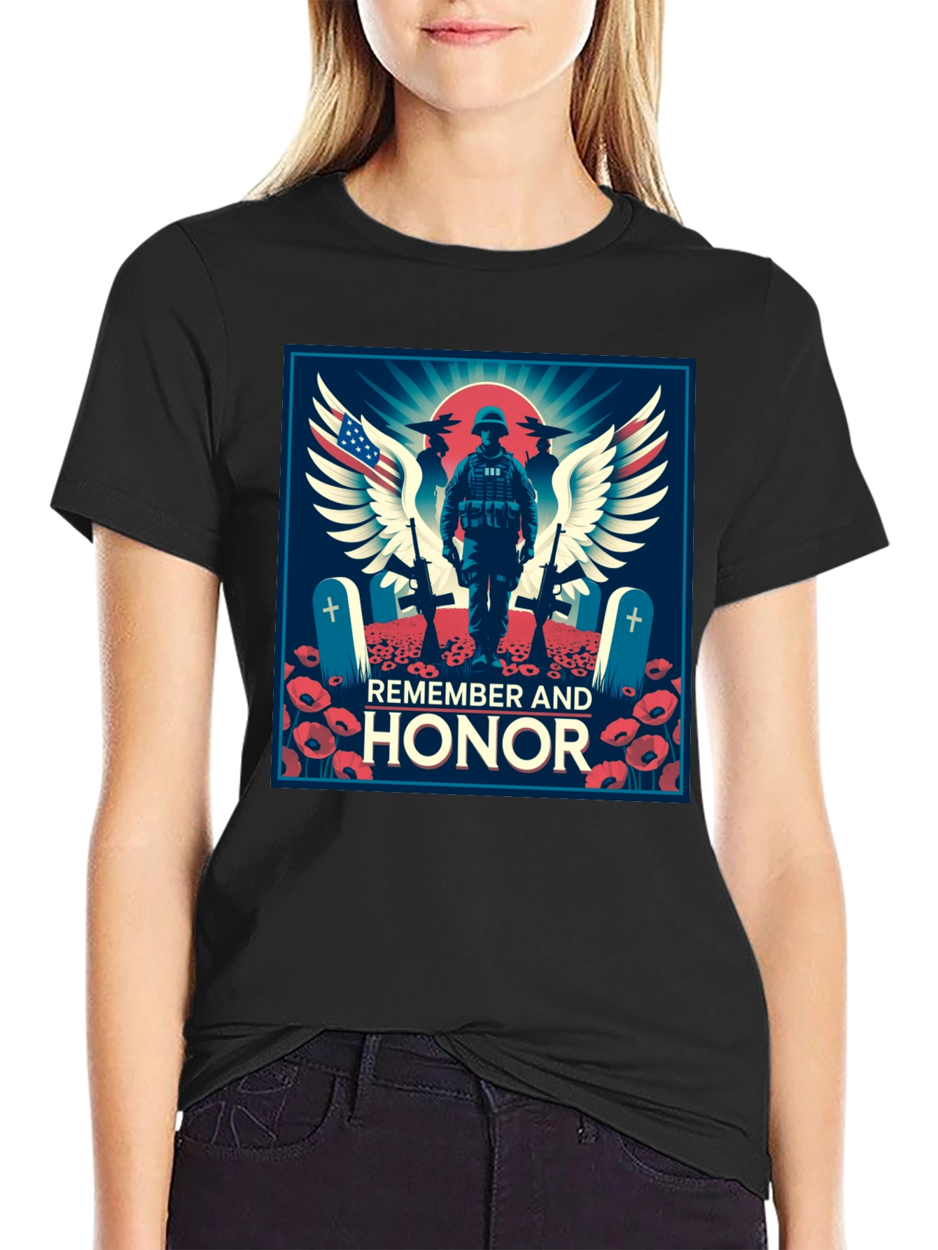 Black Remember & Honor T-Shirt, Patriotic Graphic Tee view 2