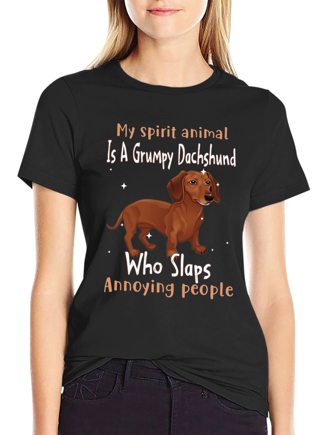 Black Grumpy Dachshund Slaps Annoying People T-Shirt view 2