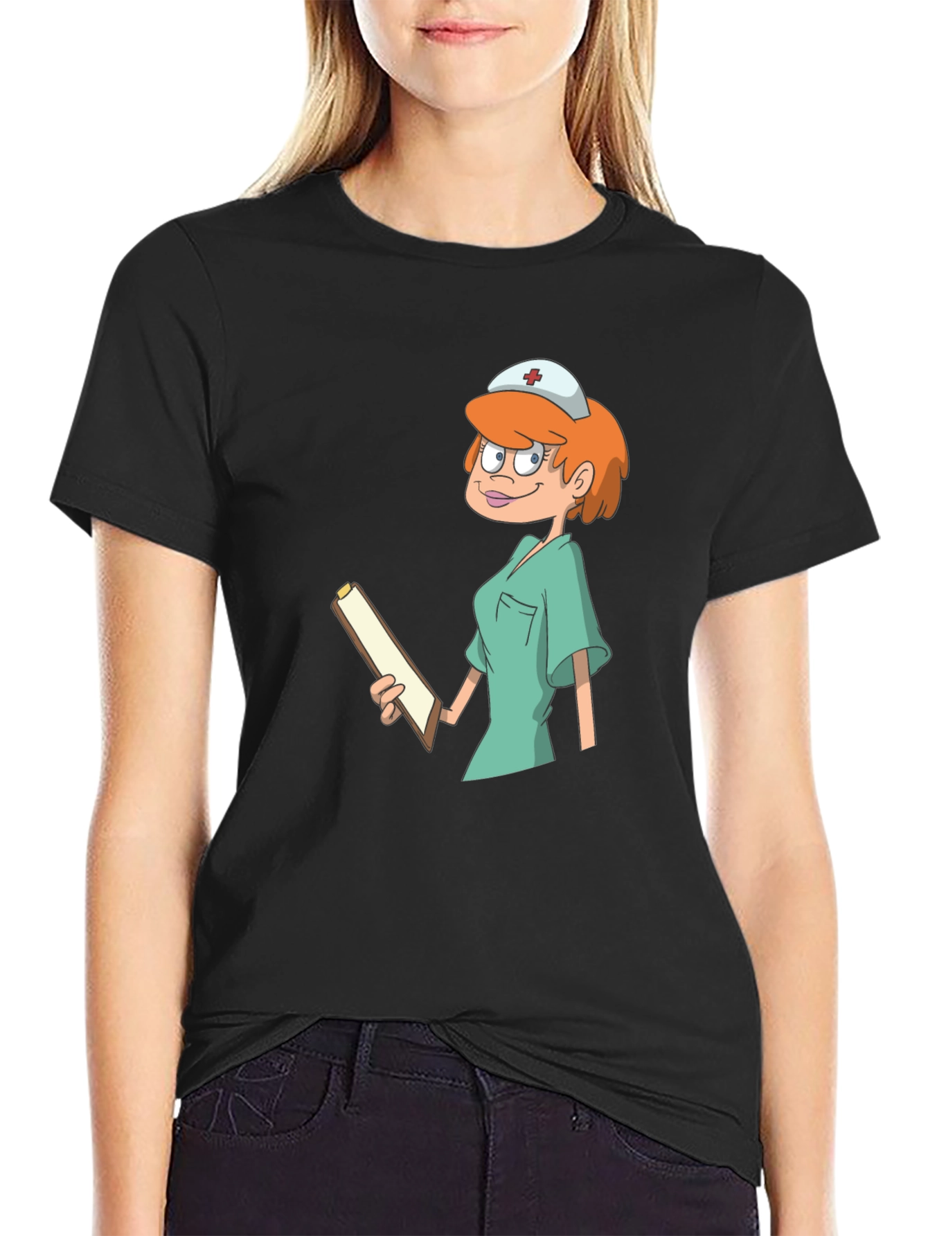 Black Cartoon Nurse Graphic Tee - Unisex Cotton T-Shirt view 2