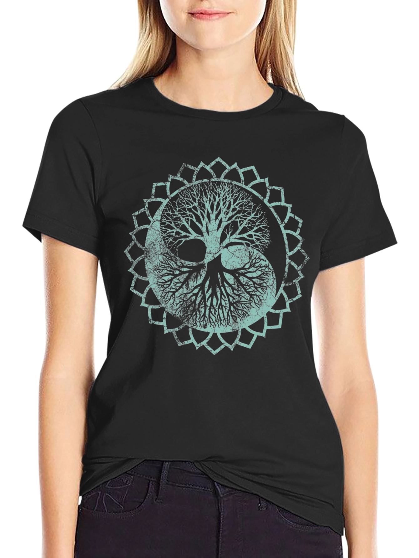 Black Yin Yang Tree Graphic Tee - Soft Black Cotton Shirt view 2