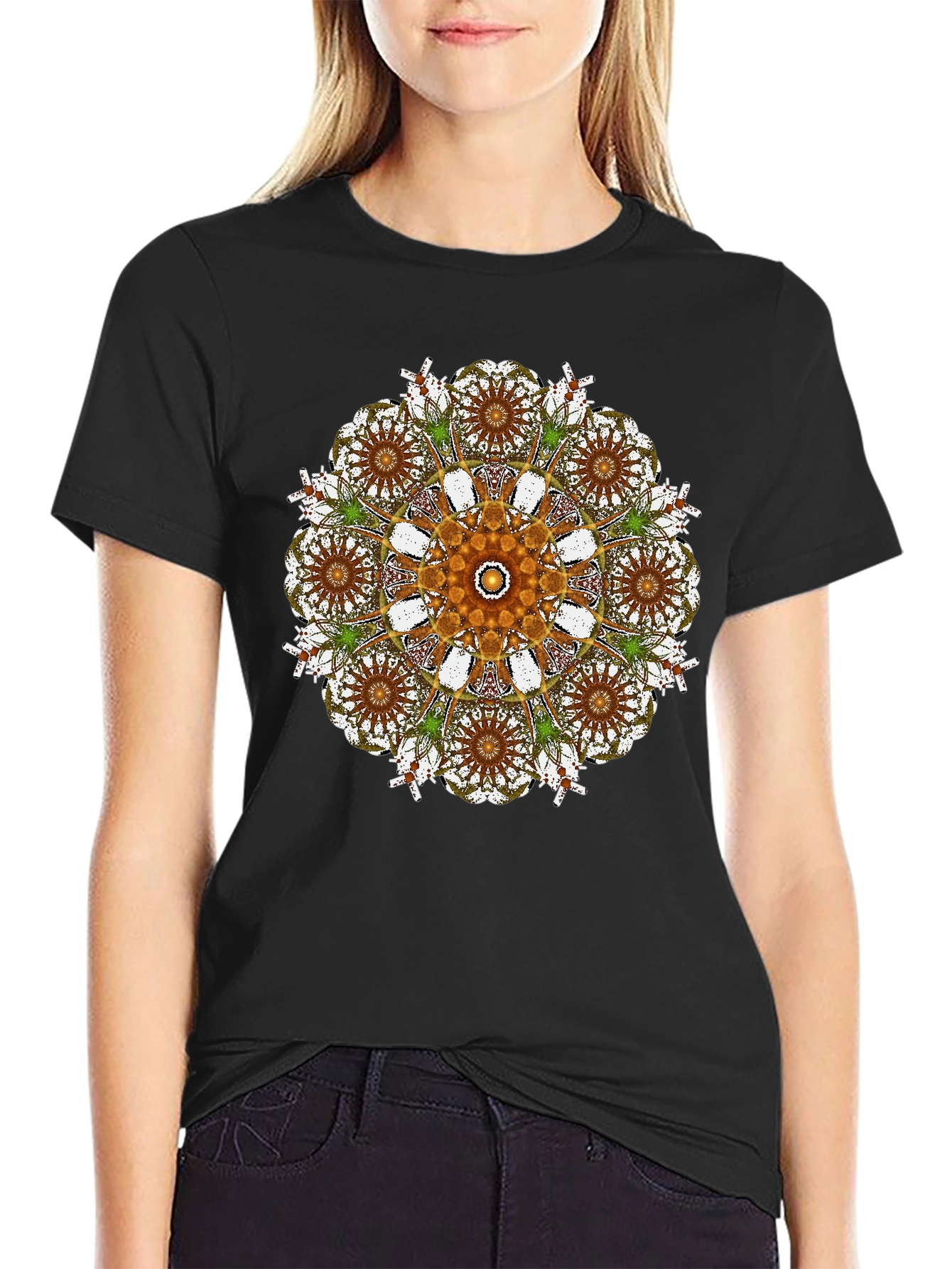Black Mandala Print Black Crew Neck T-Shirt view 2