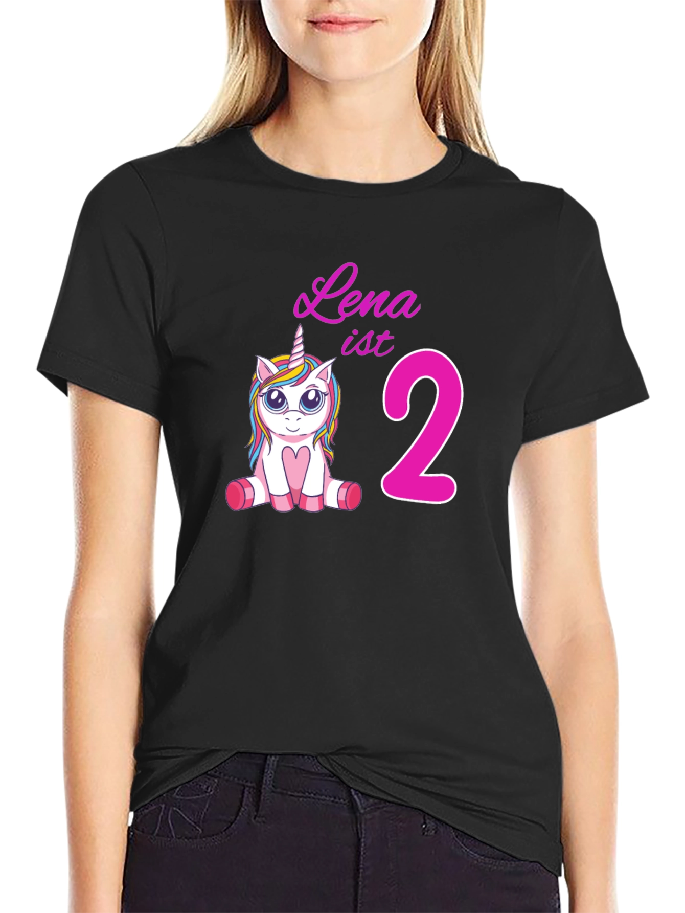 Black Cute 'Lena is 2' Unicorn Birthday Black T-Shirt view 2