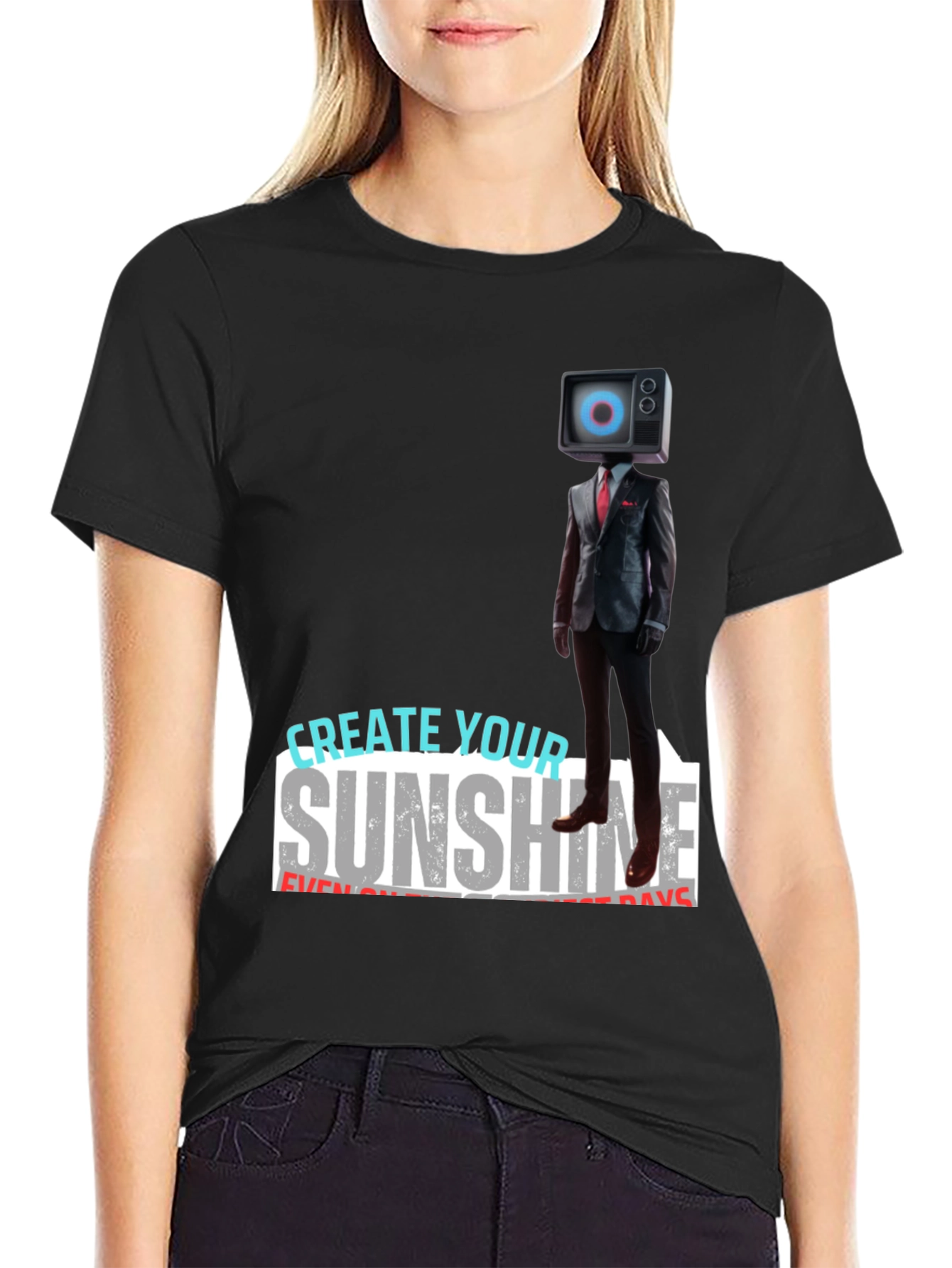 Black Modern TV Head Suit T-Shirt: Create Your Sunshine view 2