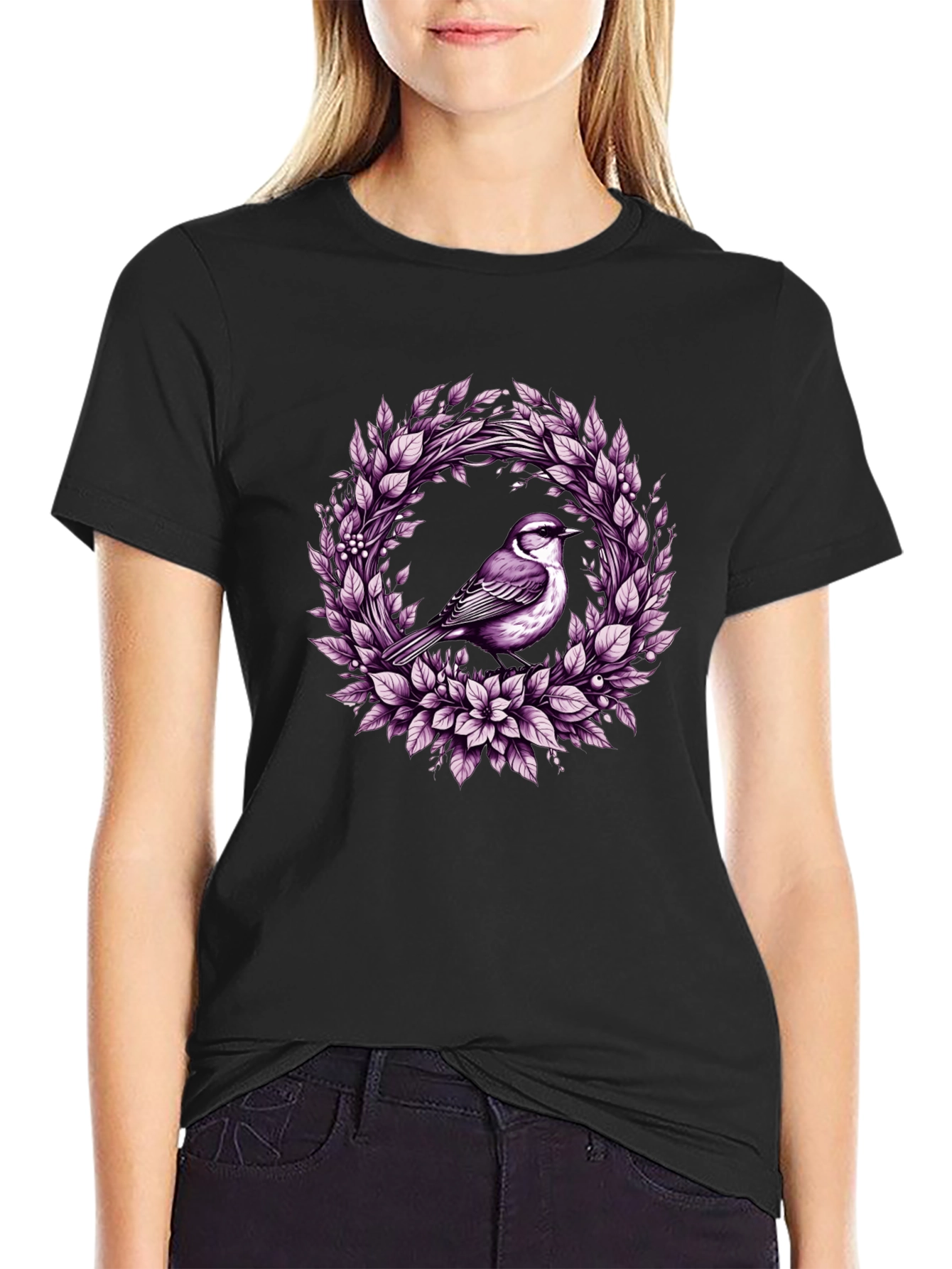 Black Bird & Floral Wreath Graphic Tee view 2