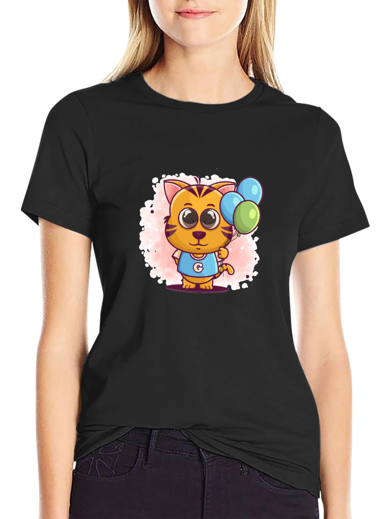 Black Cute Cartoon Cat With Balloons Black T-Shirt view 2