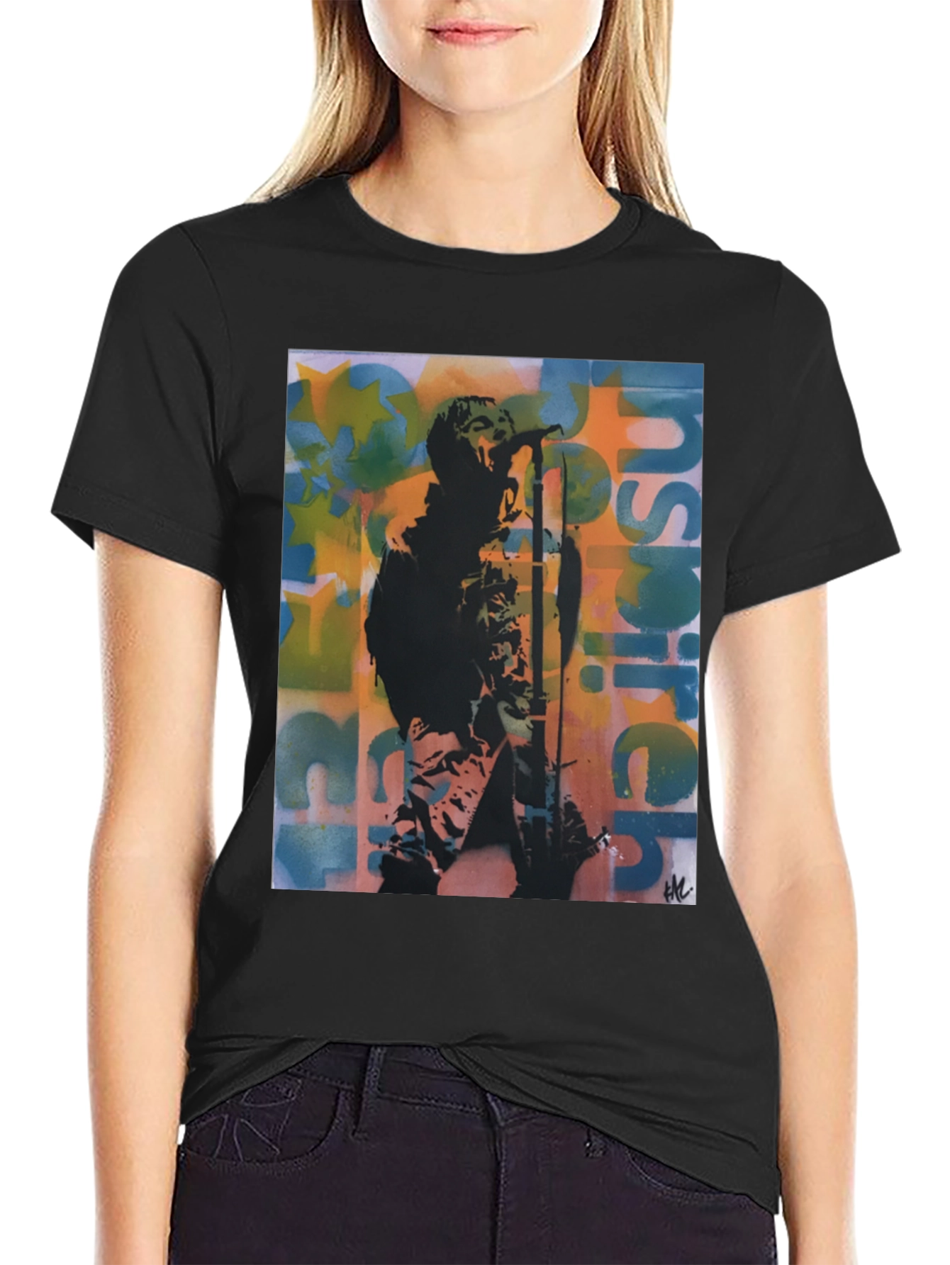 Black Indie Band Graphic Print Crew Neck T-Shirt view 2