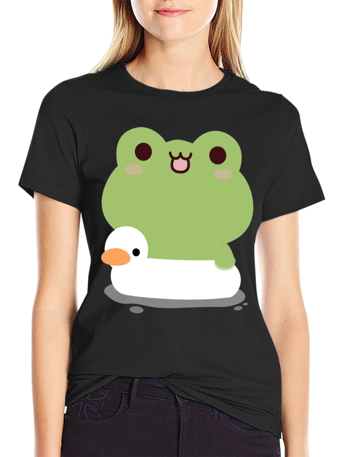 Black Frog and Duck T-Shirt - Cute Cartoon Graphic Tee view 2