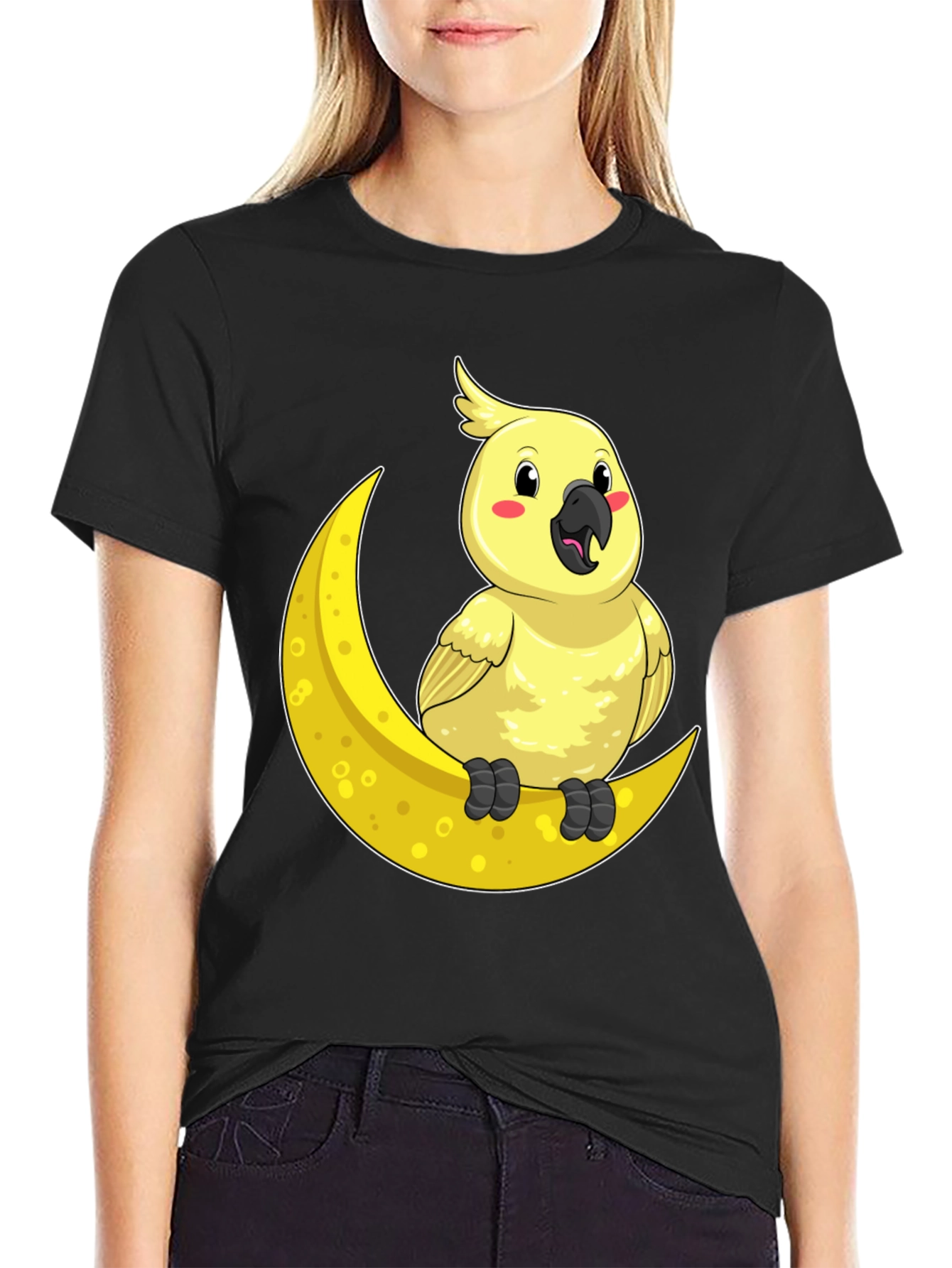 Black Cute Cockatiel On Moon T-Shirt - Soft Cotton, Unique Design view 2