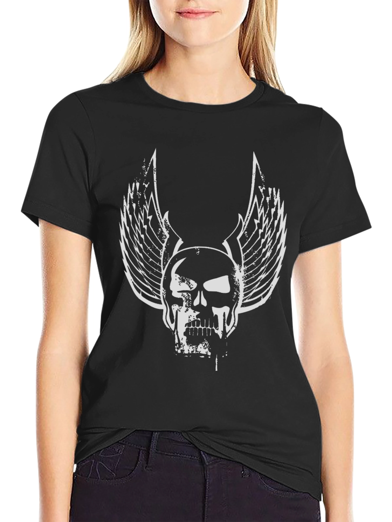 Black Skull Wings Graphic Black T-Shirt view 2