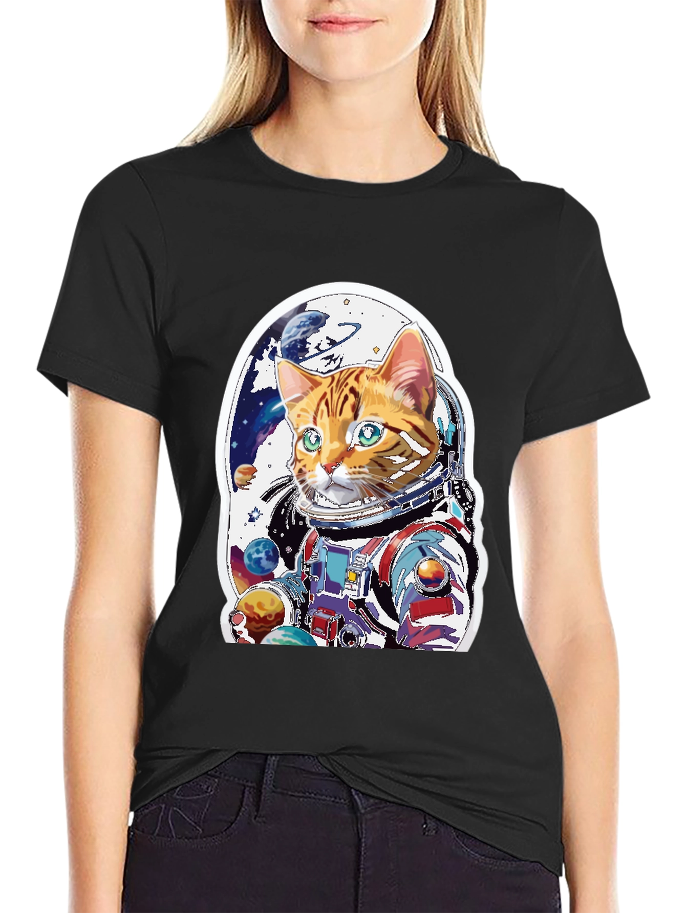 Black Cat Astronaut T-Shirt - Space Explorer Kitty Tee view 2