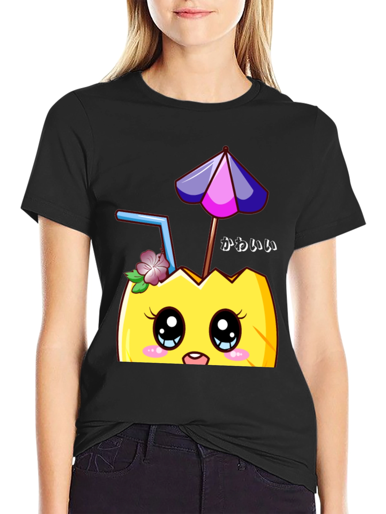 Black Kawaii Pineapple T-Shirt - Tropical Summer Vibes view 2